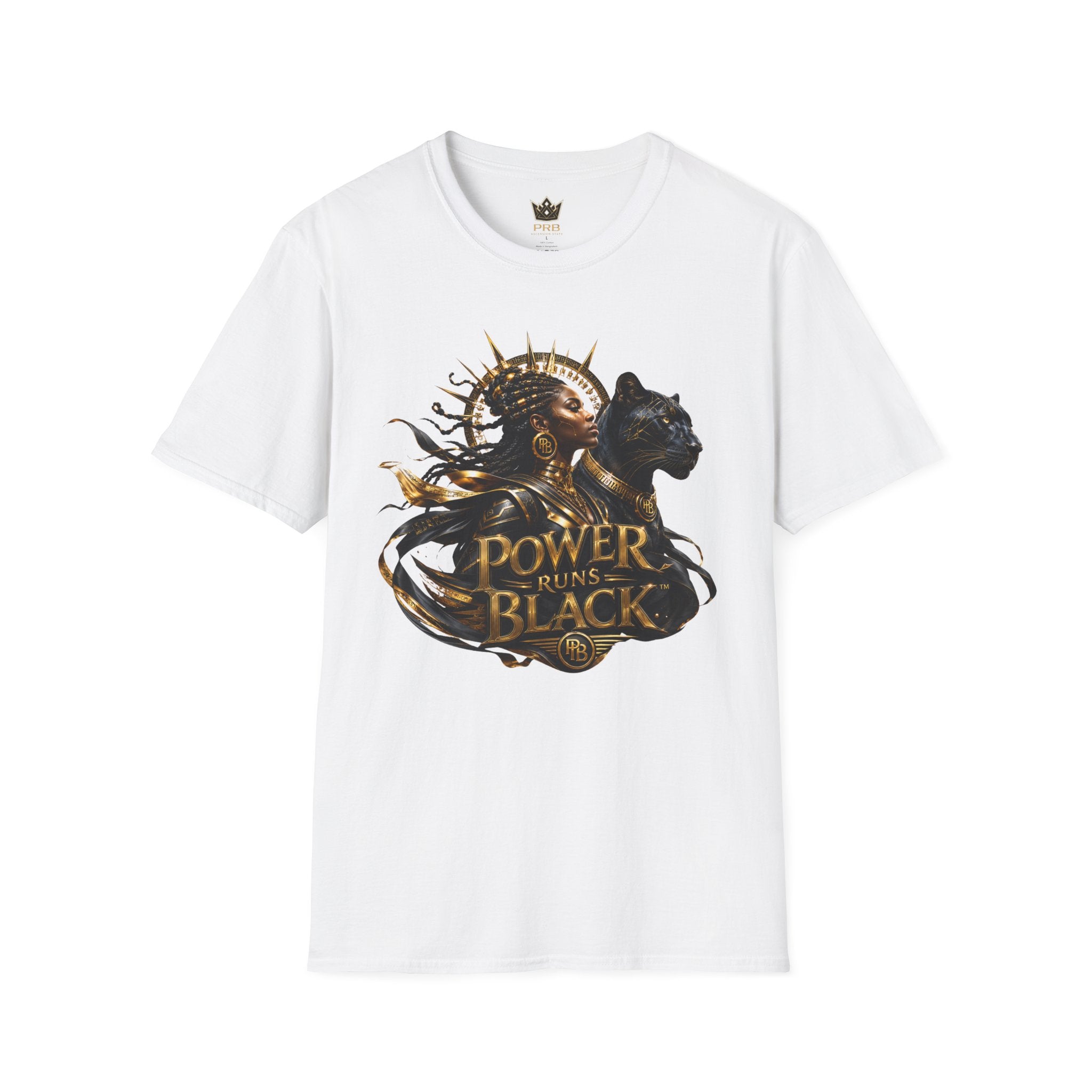 Power Runs Black PRB | Black Woman Portrait, Gold Accents Panther Graphics T by Printify