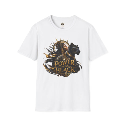 Power Runs Black PRB | Black Woman Portrait, Gold Accents Panther Graphics T by Printify