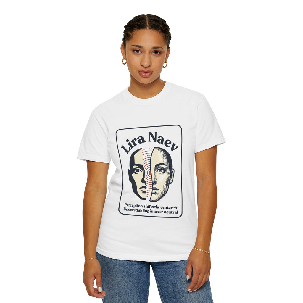 Power Runs Black PRB Lira Naev Split-Face Graphic T-Shirt — “Perception shifts the center” Statement Tee by Printify