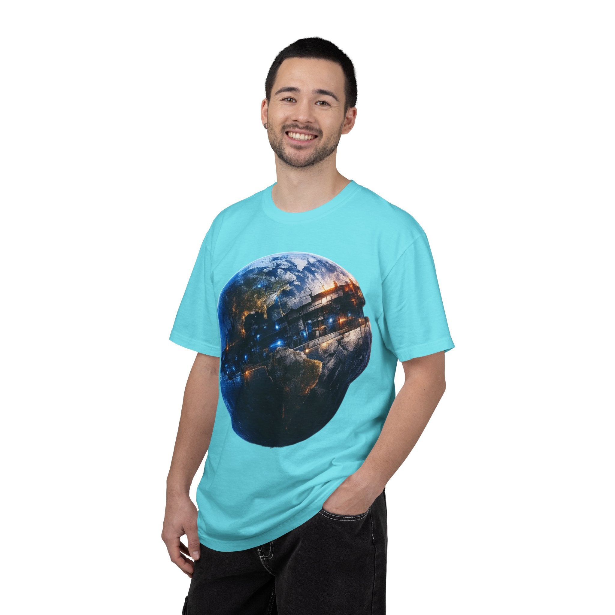 PRB Cityscape Globe T-shirt | Nighttime Earth Illustration, Urban Lights by Power Runs Black