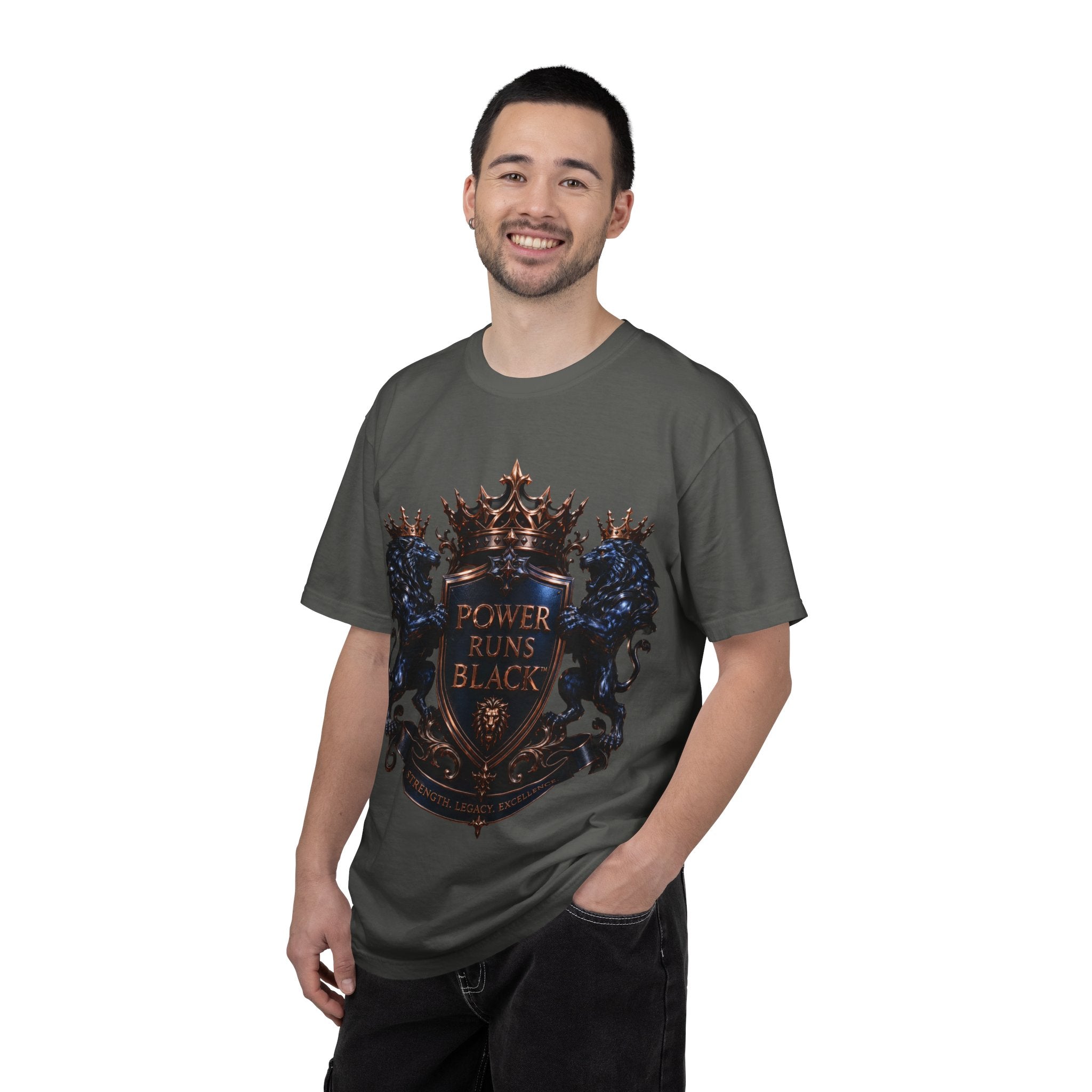 Power Runs Black Crest T-shirt | Heraldic Lion Shield Tee by Power Runs Black