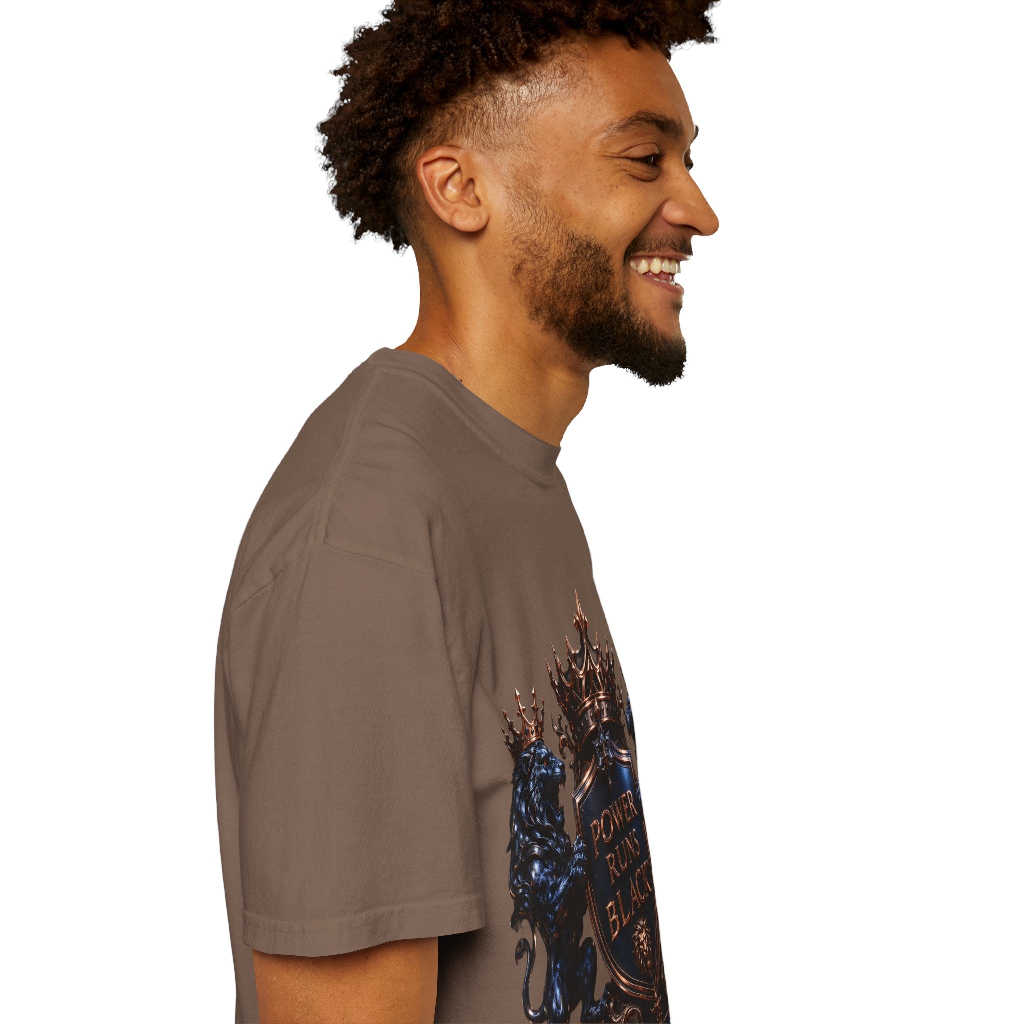 Power Runs Black Crest T-shirt | Heraldic Lion Shield Tee by Power Runs Black