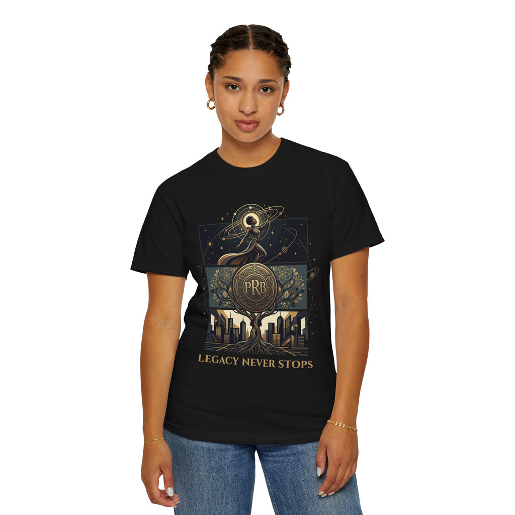 PRB Legacy Never Stops Graphic T-Shirt | Art Deco City Skyline Tee by Printify