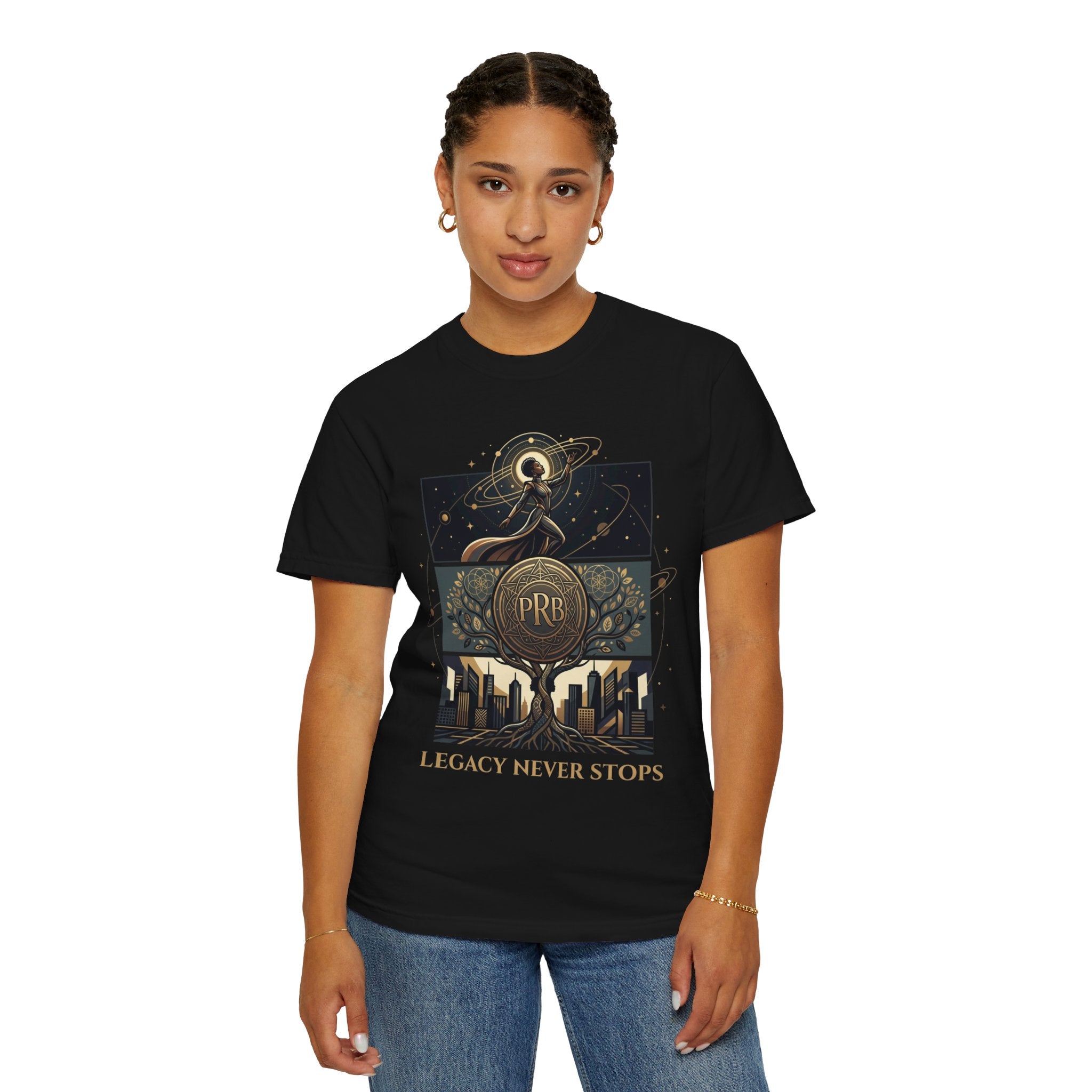 PRB Legacy Never Stops Graphic T-Shirt | Art Deco City Skyline Tee by Printify