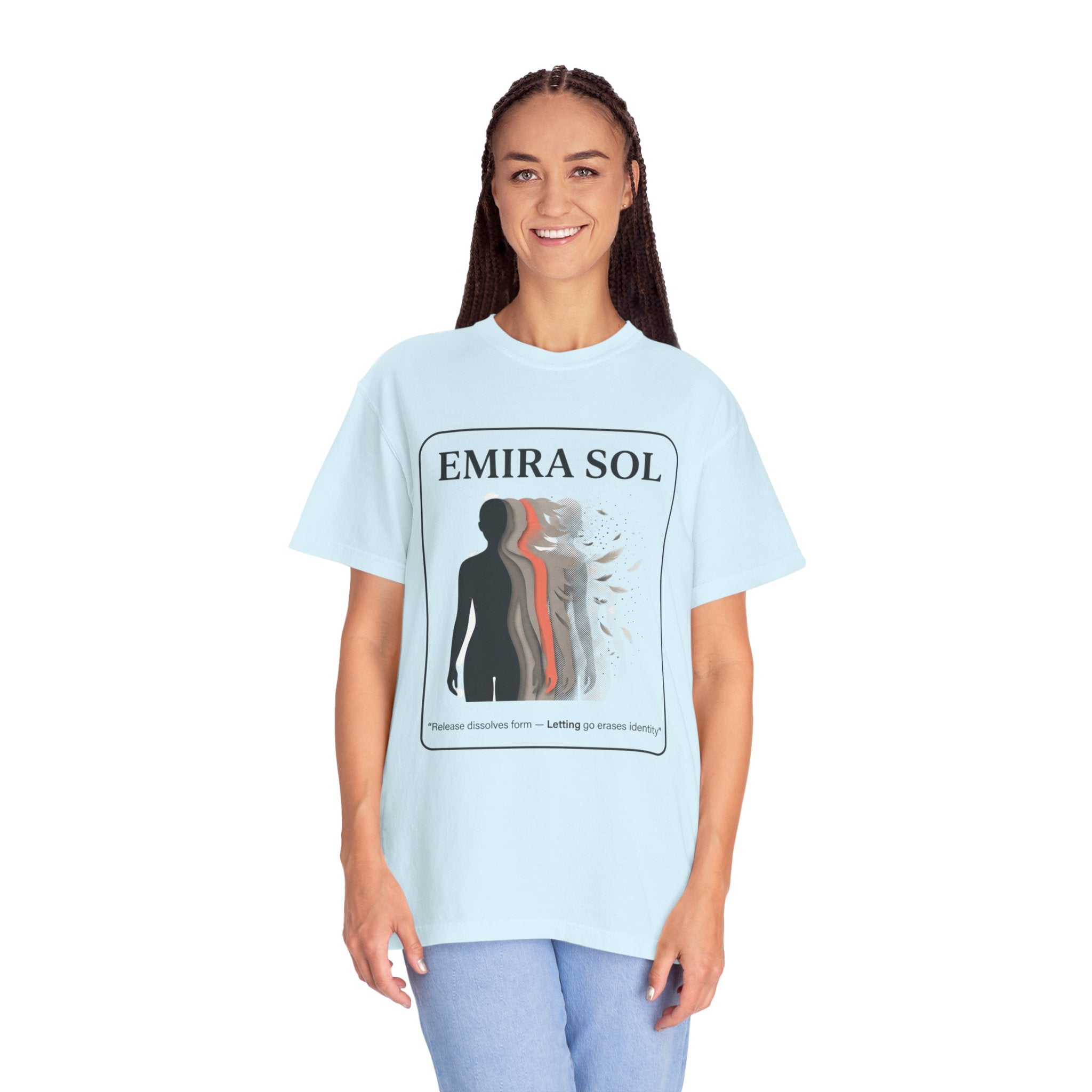 Power Runs Black PRB Emira Sol Graphic T-Shirt — Silhouette Art "Release Shadows" Tee by Printify