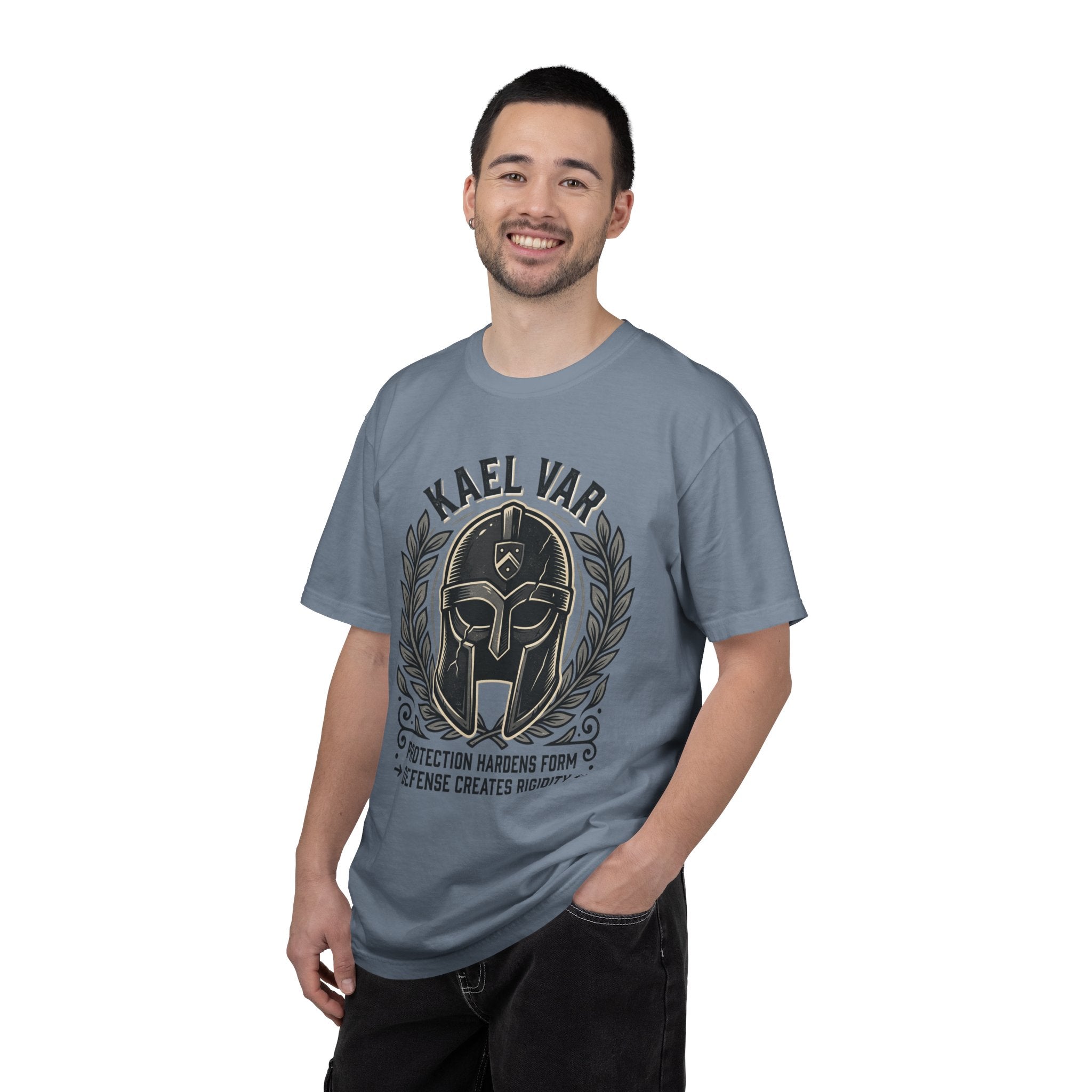 Power Runs Black PRB Kael Var Helmet Graphic T-Shirt — "Protection Hardens Form" Warrior Tee by Power Runs Black