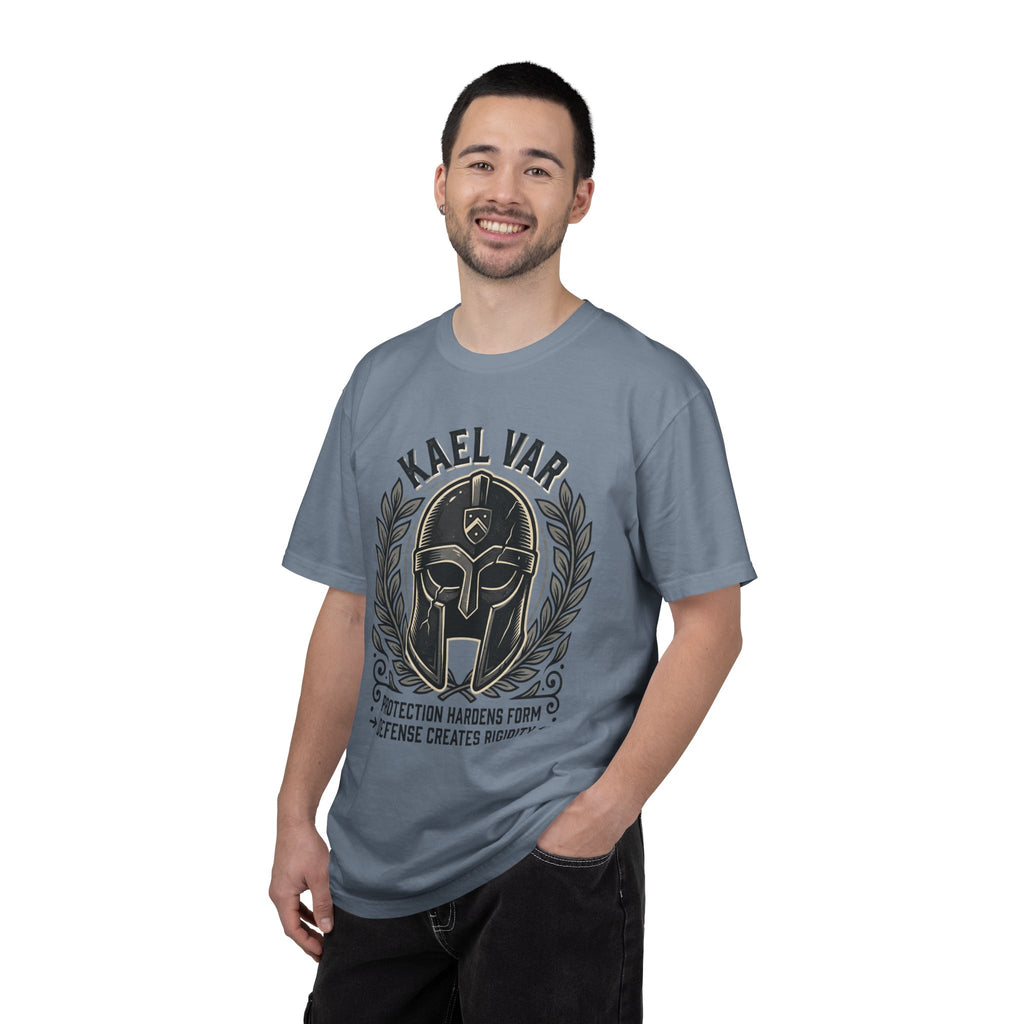 Power Runs Black PRB Kael Var Helmet Graphic T-Shirt — "Protection Hardens Form" Warrior Tee by Printify