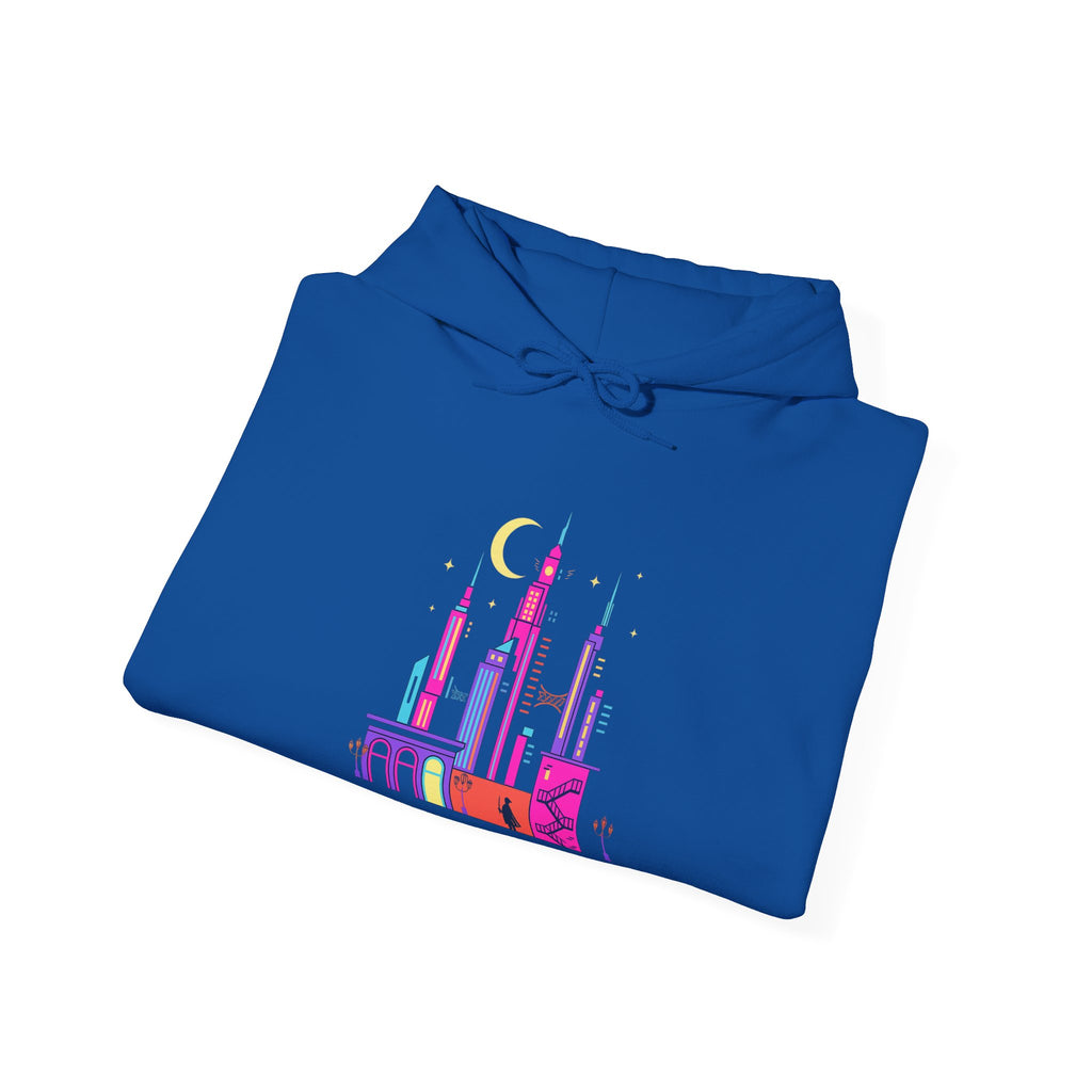 PRB Colorful City Skyline Hoodie – Vibrant Nighttime Urban Graphic by Power Runs Black
