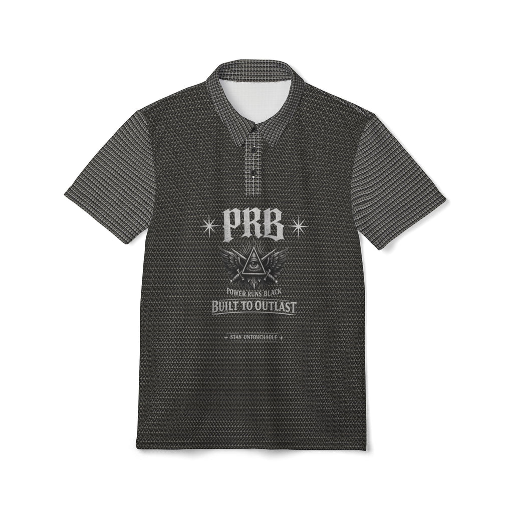 Power Runs Black PRB Emblem Polo Shirt — Built to Outlast Graphic Polo by Printify