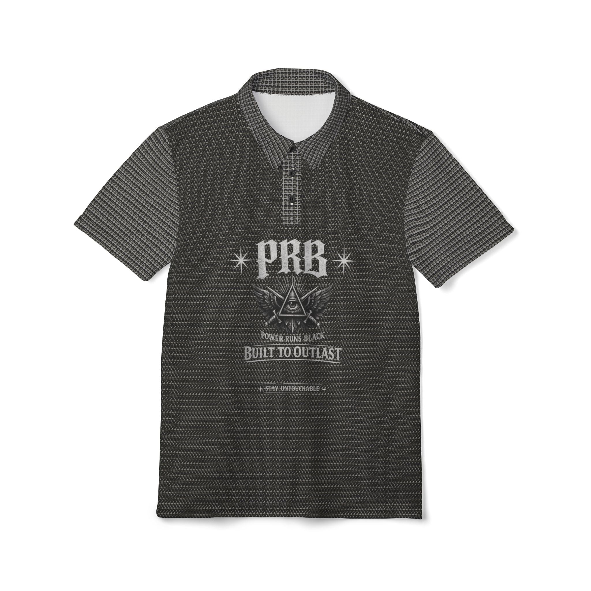 Power Runs Black PRB Emblem Polo Shirt — Built to Outlast Graphic Polo by Printify