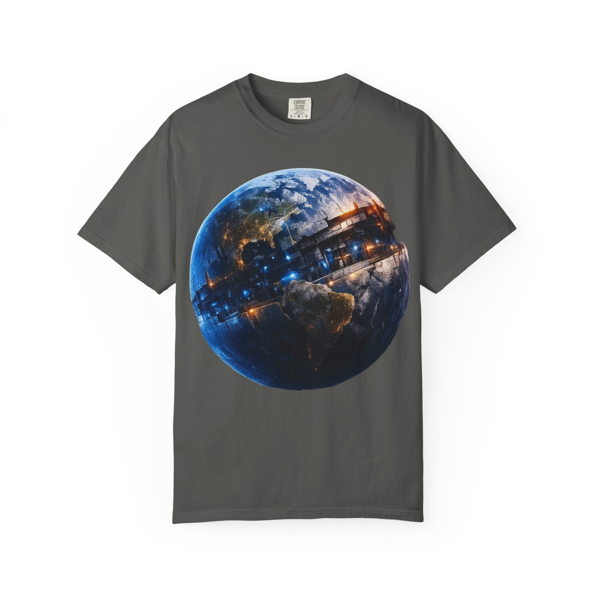 PRB Cityscape Globe T-shirt | Nighttime Earth Illustration, Urban Lights by Power Runs Black