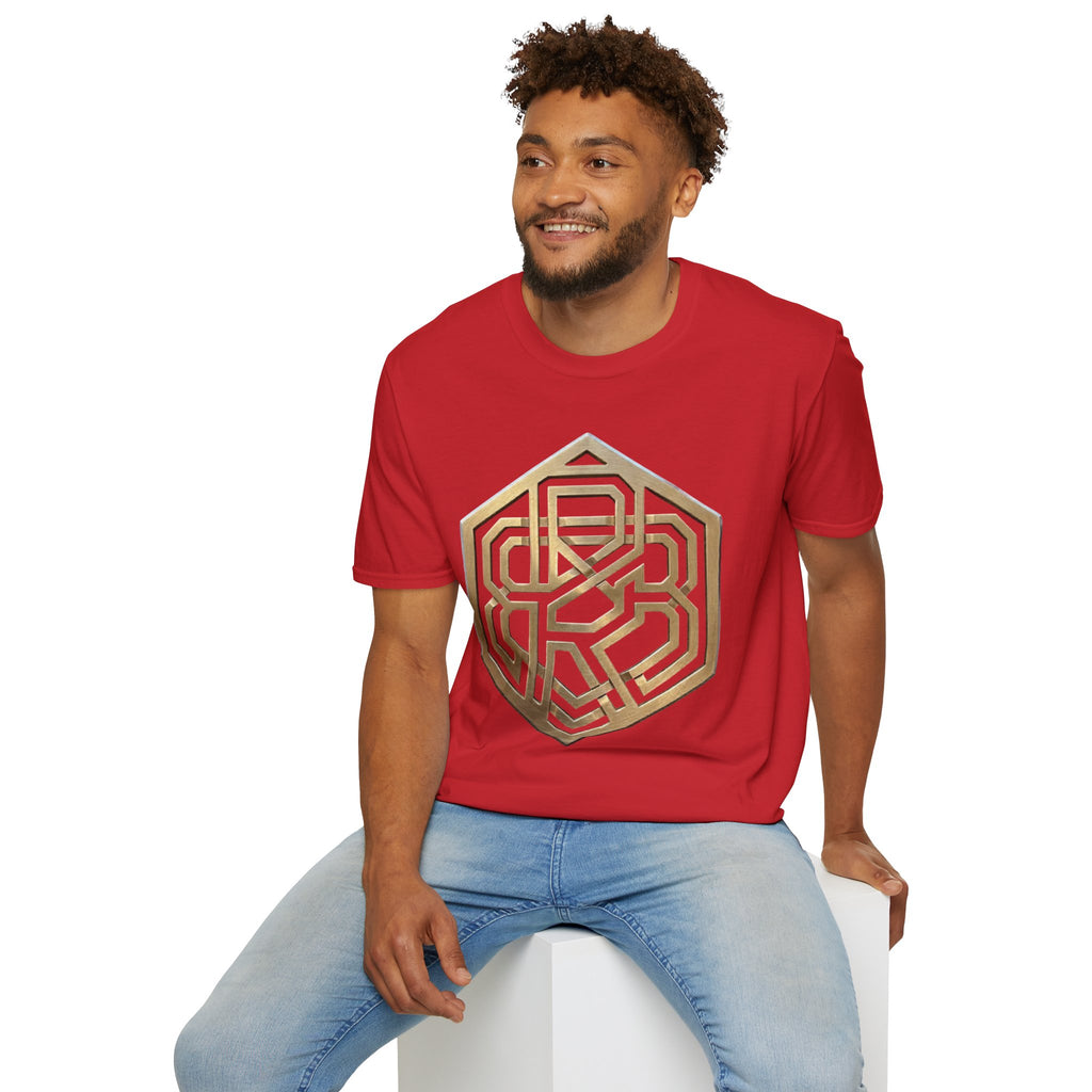 Power Runs Black PRB Geometric Gold Hexagon T-Shirt — Modern Maze Logo Tee by Printify