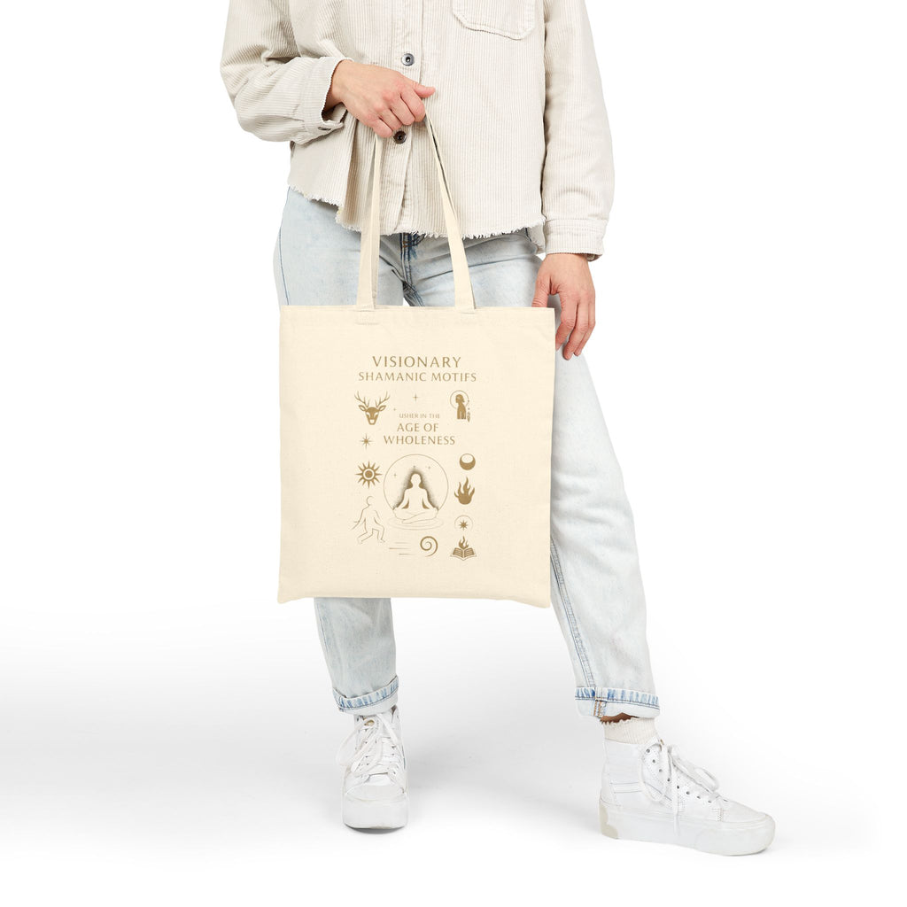 Visionary Shamanic Motifs Canvas Tote Bag — Spiritual Symbols Market Tote by Power Runs Black