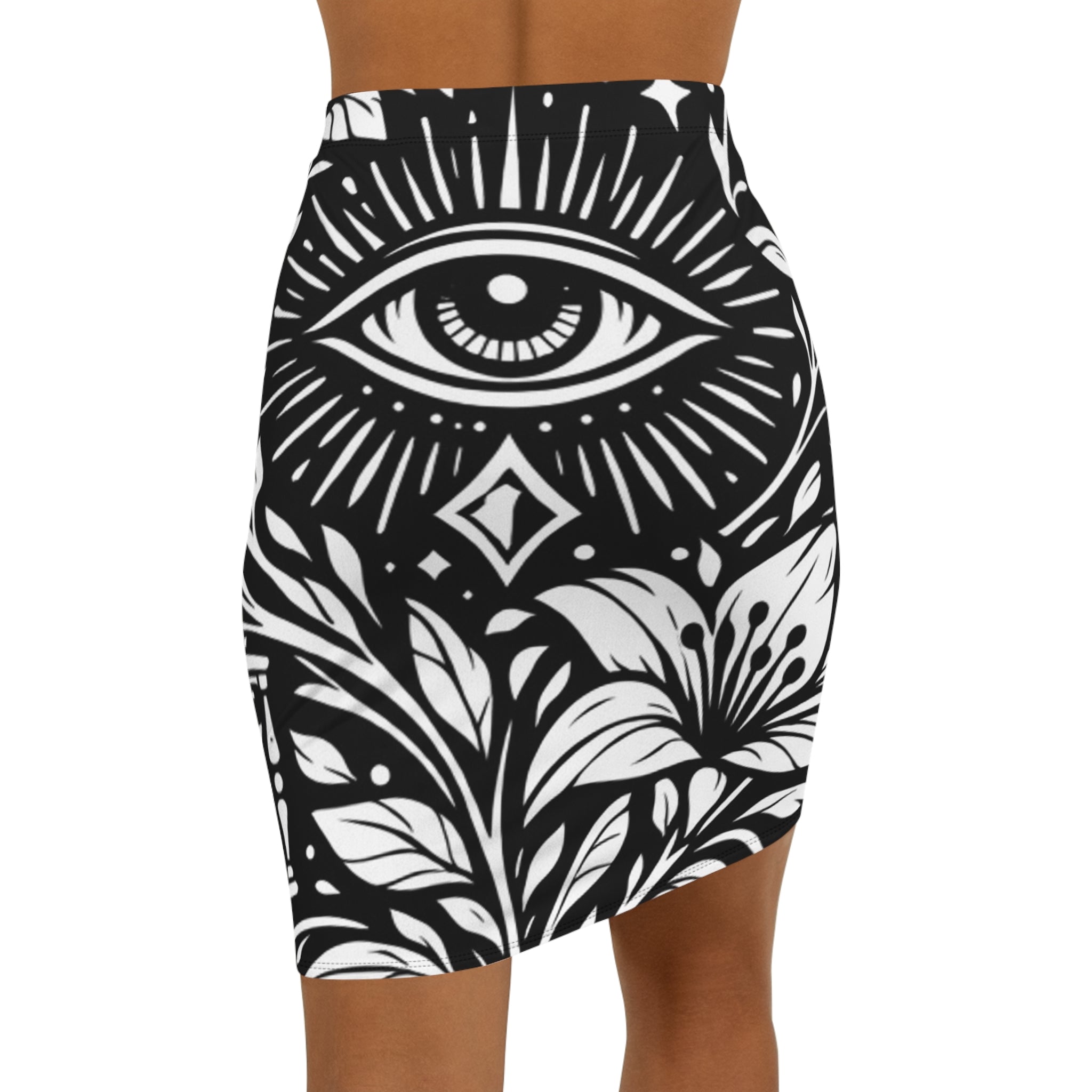 PRB All-Seeing Eye Floral Pencil Skirt — Gothic Boho Midi by Power Runs Black