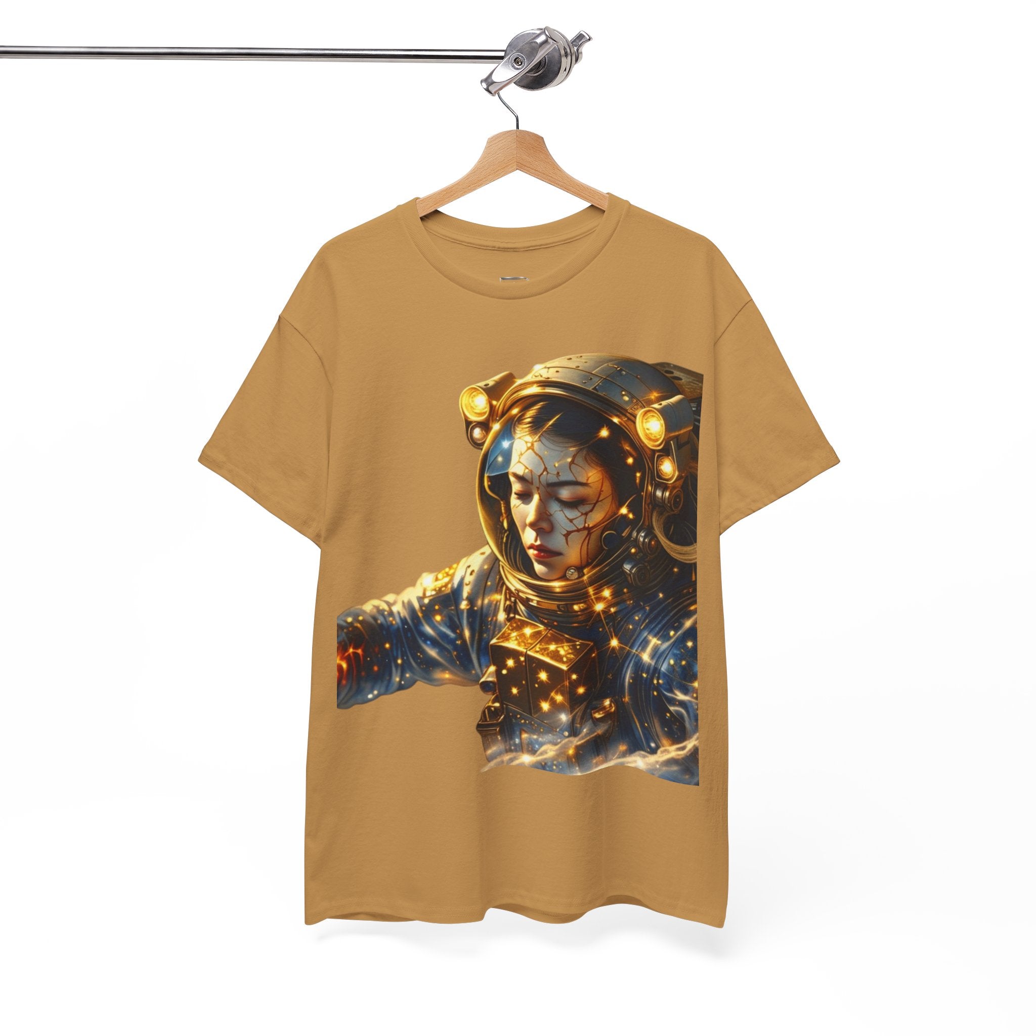 Power Runs Black PRB Golden Astronaut Portrait T-Shirt | Space Helmet Art, Cosmic Lights by Printify