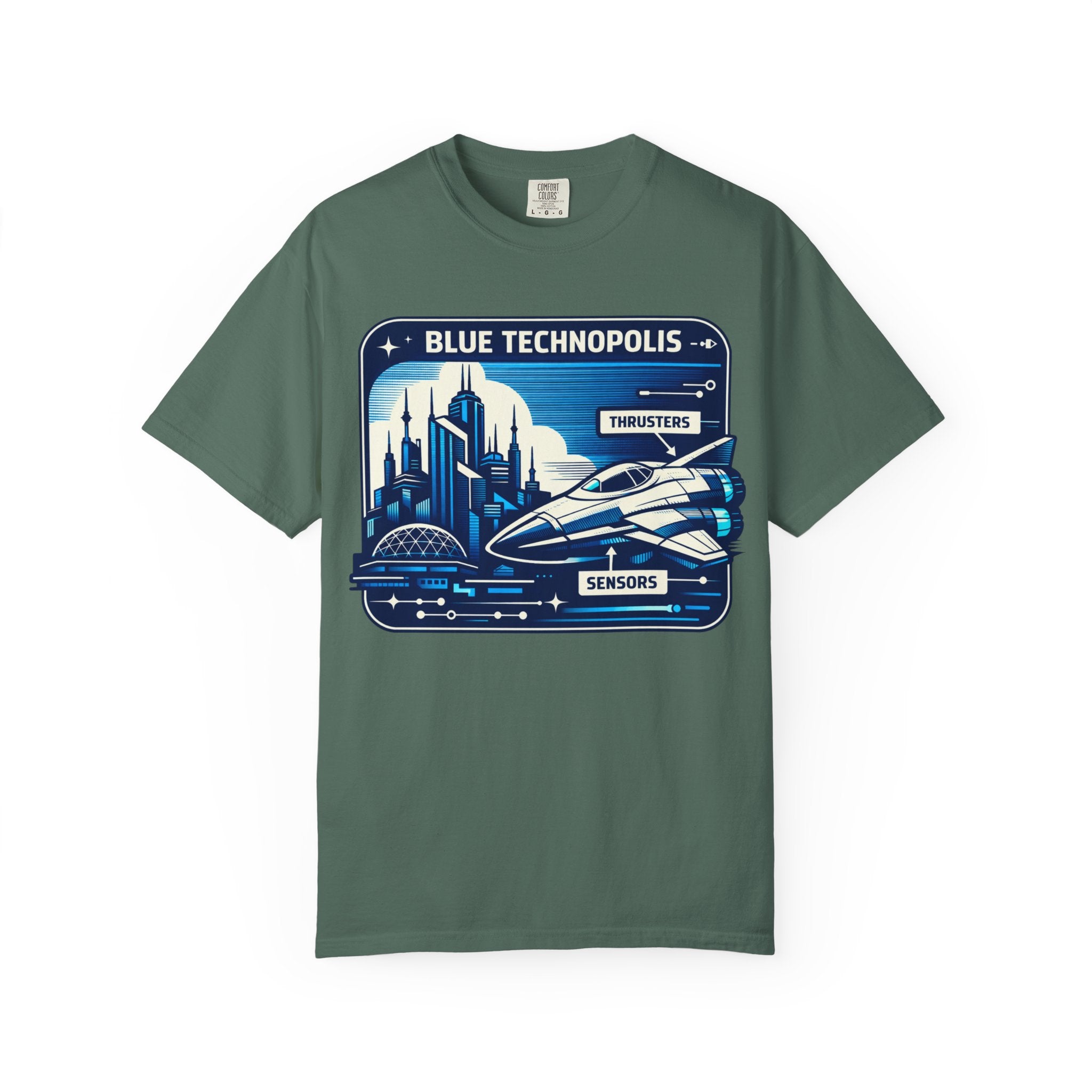 Power Runs Black PRB Technopolis Spacecraft T-Shirt — Blue Technopolis Retro Sci‑Fi Tee by Printify