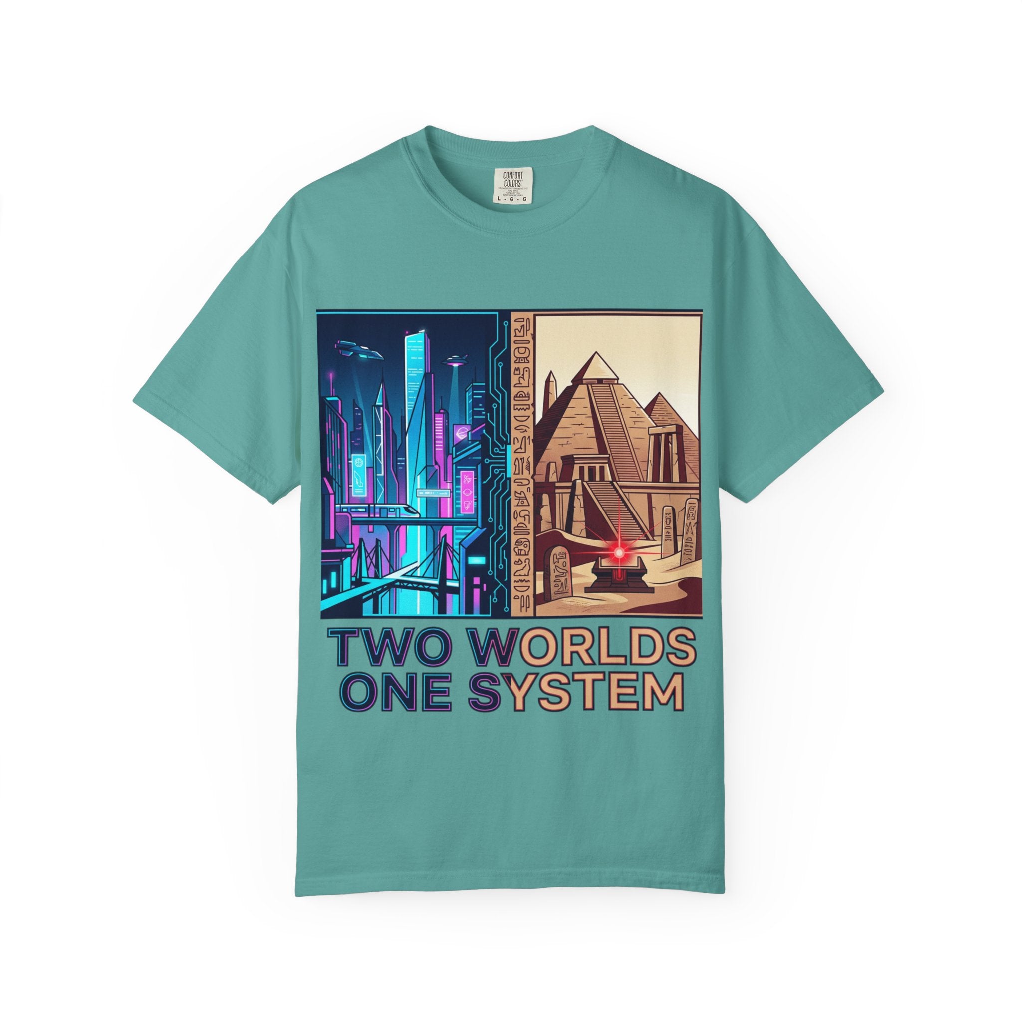 Power Runs Black PRB Blue Technopolis/ Red Dominion Two Worlds One System T-Shirt by Power Runs Black
