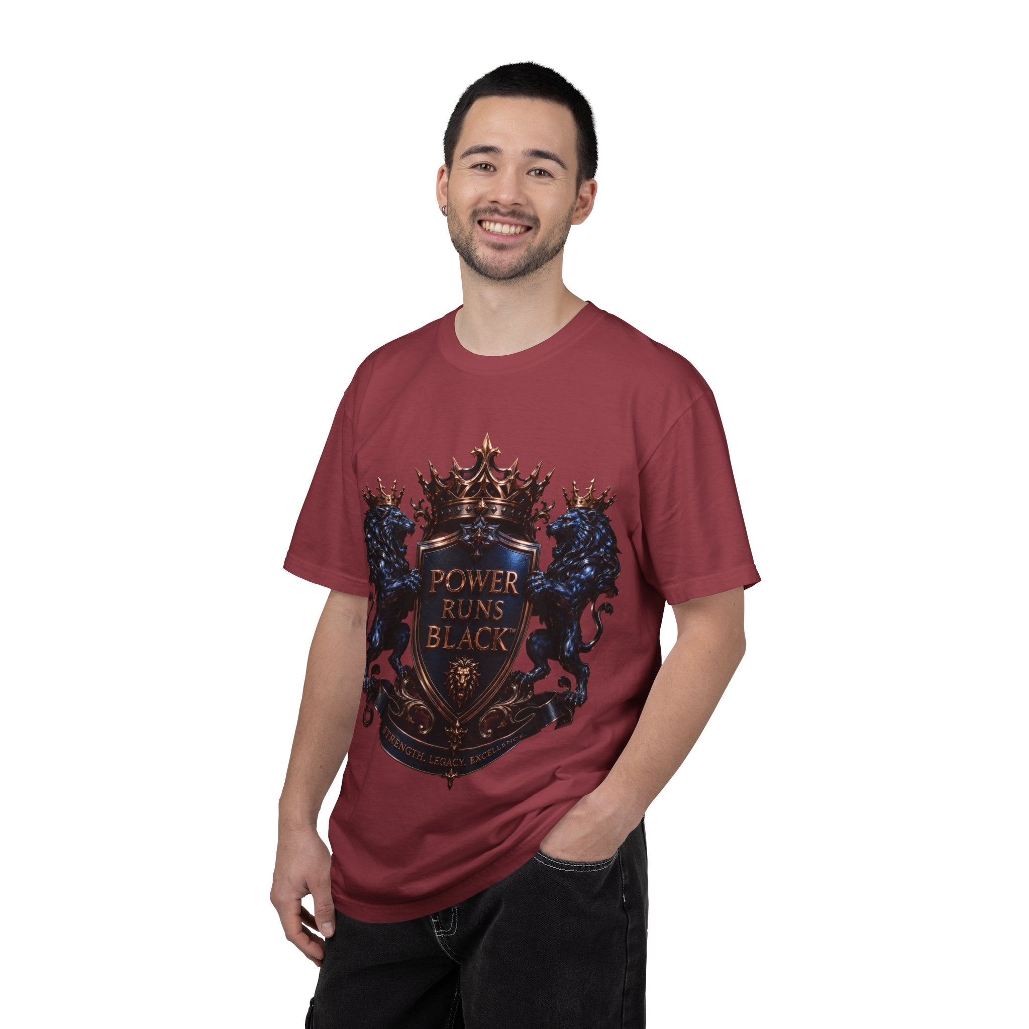 Power Runs Black Crest T-shirt | Heraldic Lion Shield Tee by Power Runs Black