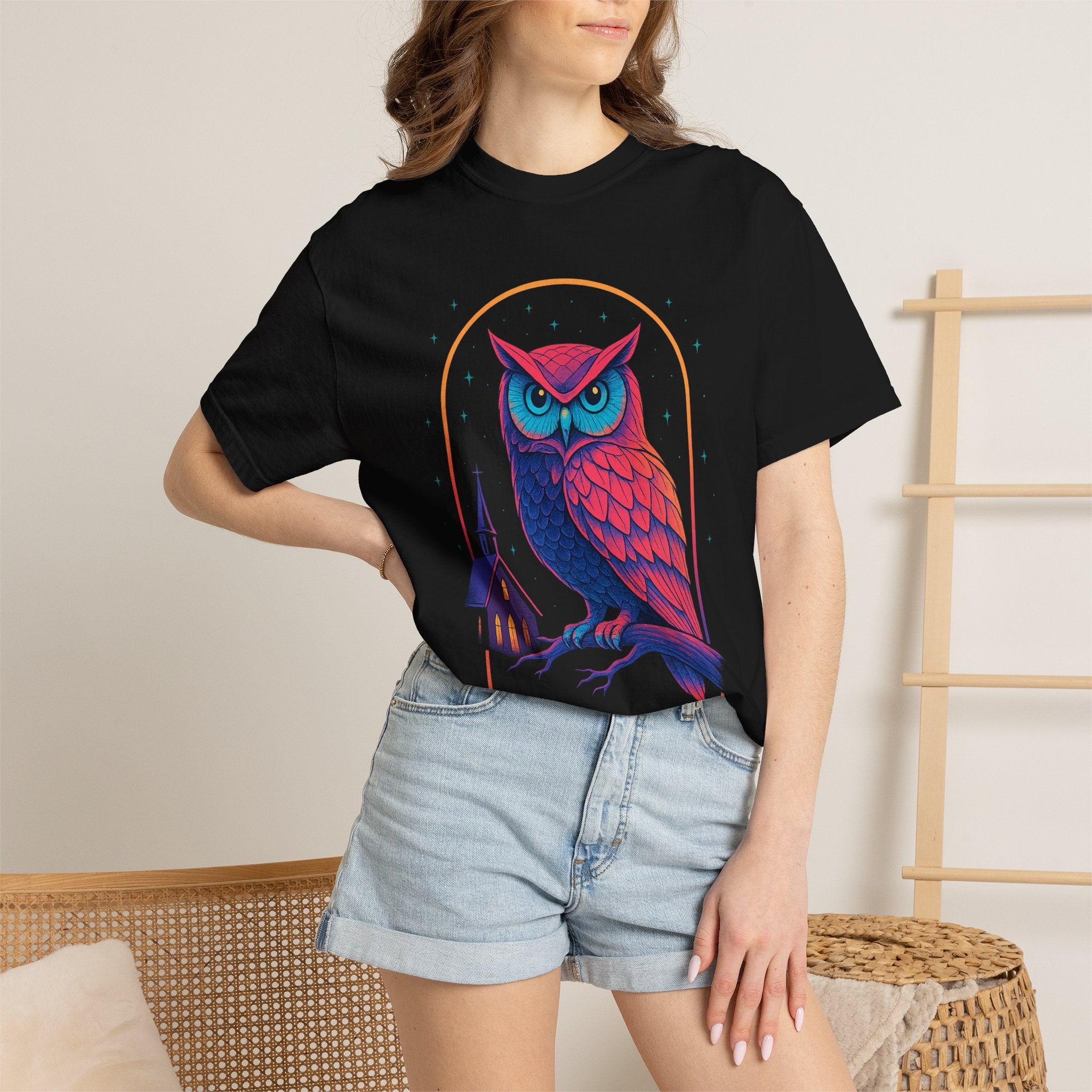 Neon Owl Illustration T-Shirt | Night Church Graphic Tee by Printify