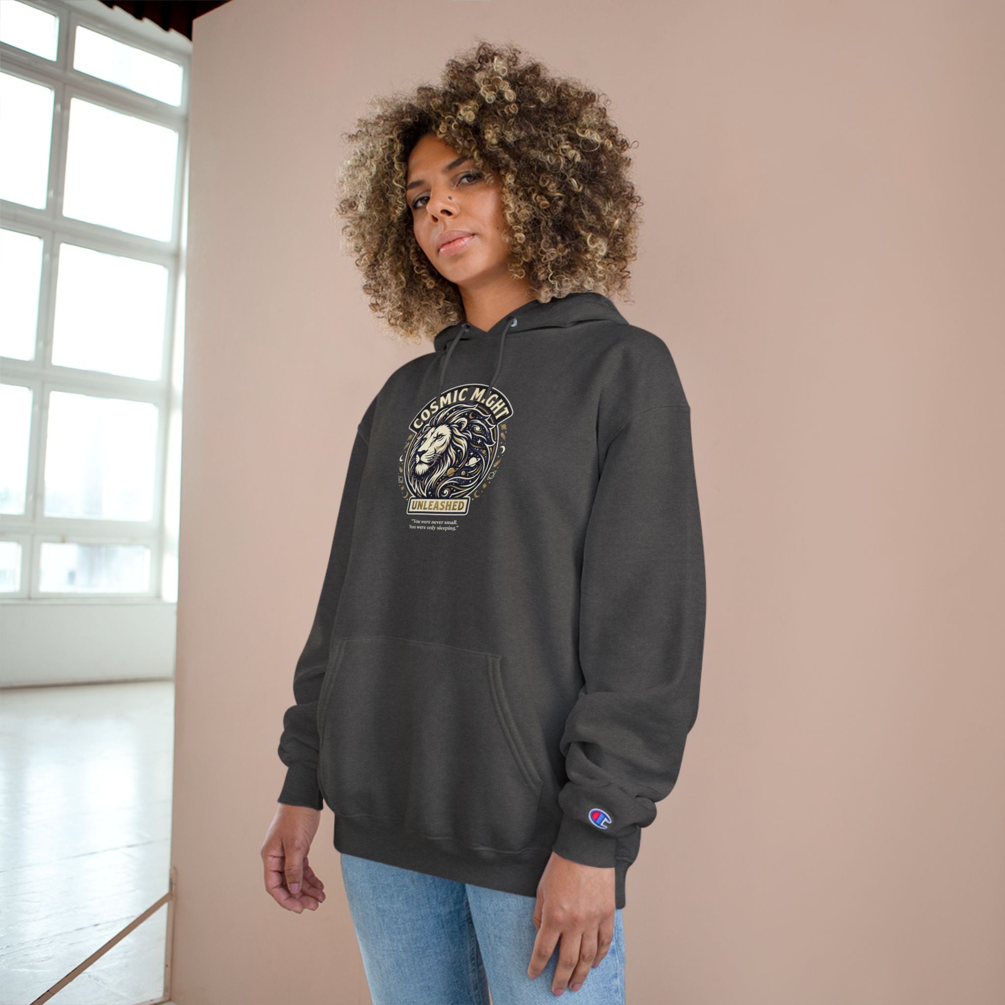 PRB Starforged Flex Cosmic Might Unleashed Lion Crest Hoodie — 'Unleashed' Athletic Champion Graphic Hoodie by Power Runs Black