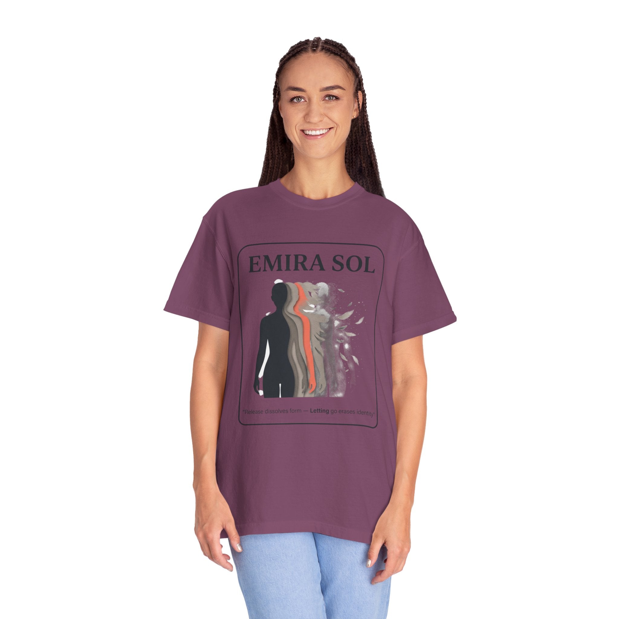 Power Runs Black PRB Emira Sol Graphic T-Shirt — Silhouette Art "Release Shadows" Tee by Printify