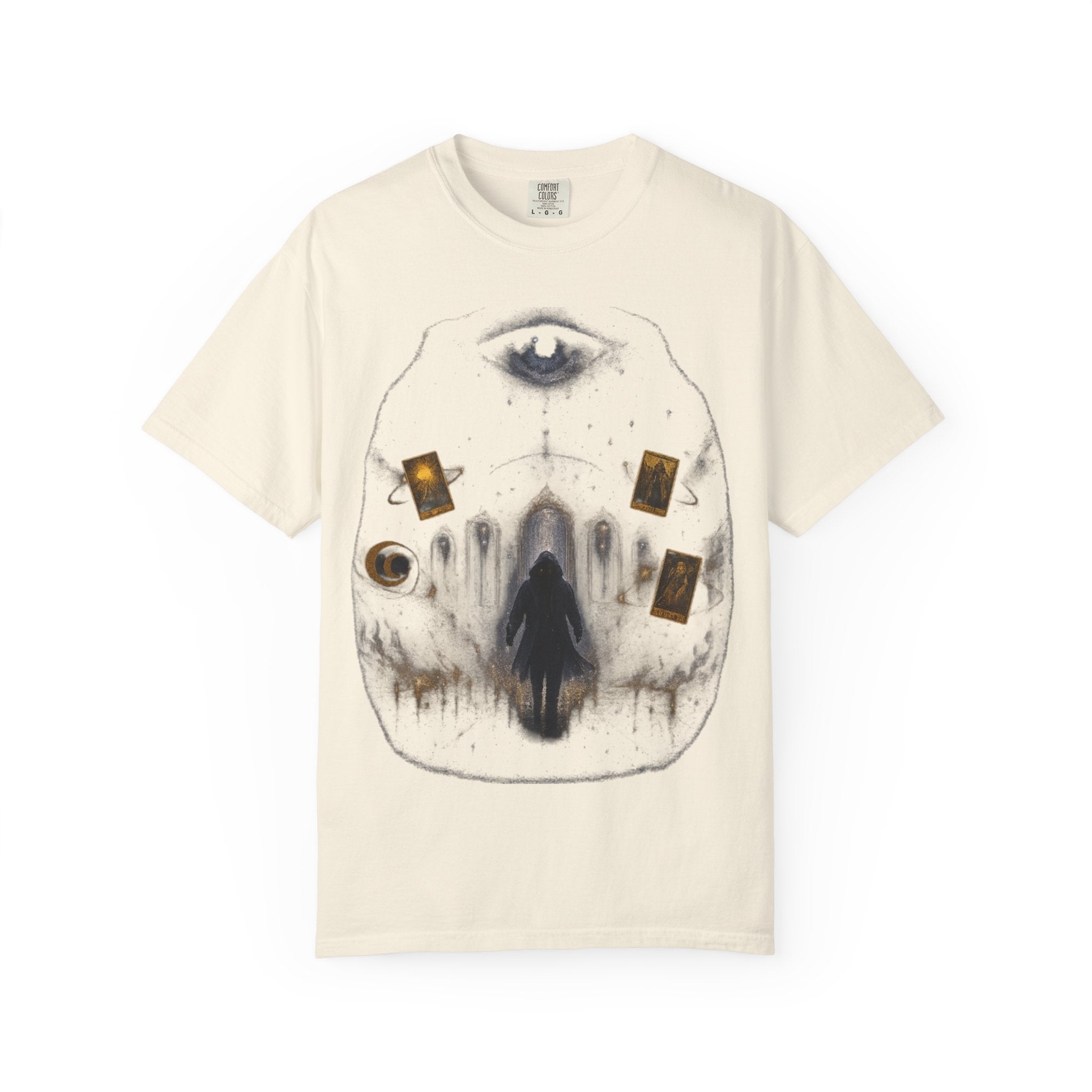 PRB Occult Tarot Skull T-Shirt — Mystic Eye & Shadow Figure Graphic by Power Runs Black