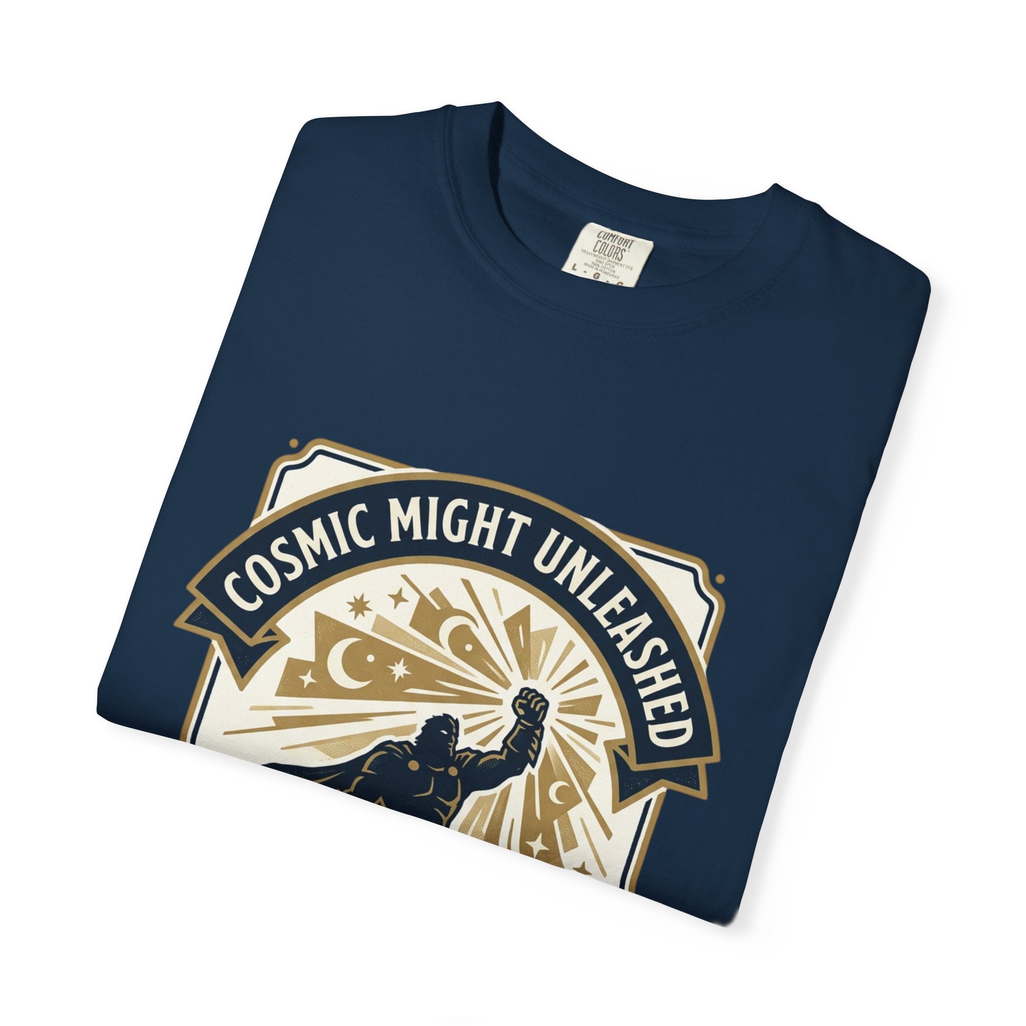 PRB Starforged Flex Cosmic Might Unleashed T-Shirt — Retro Superhero Space Graphic ('Power Does Not Rise, It Returns') by Power Runs Black