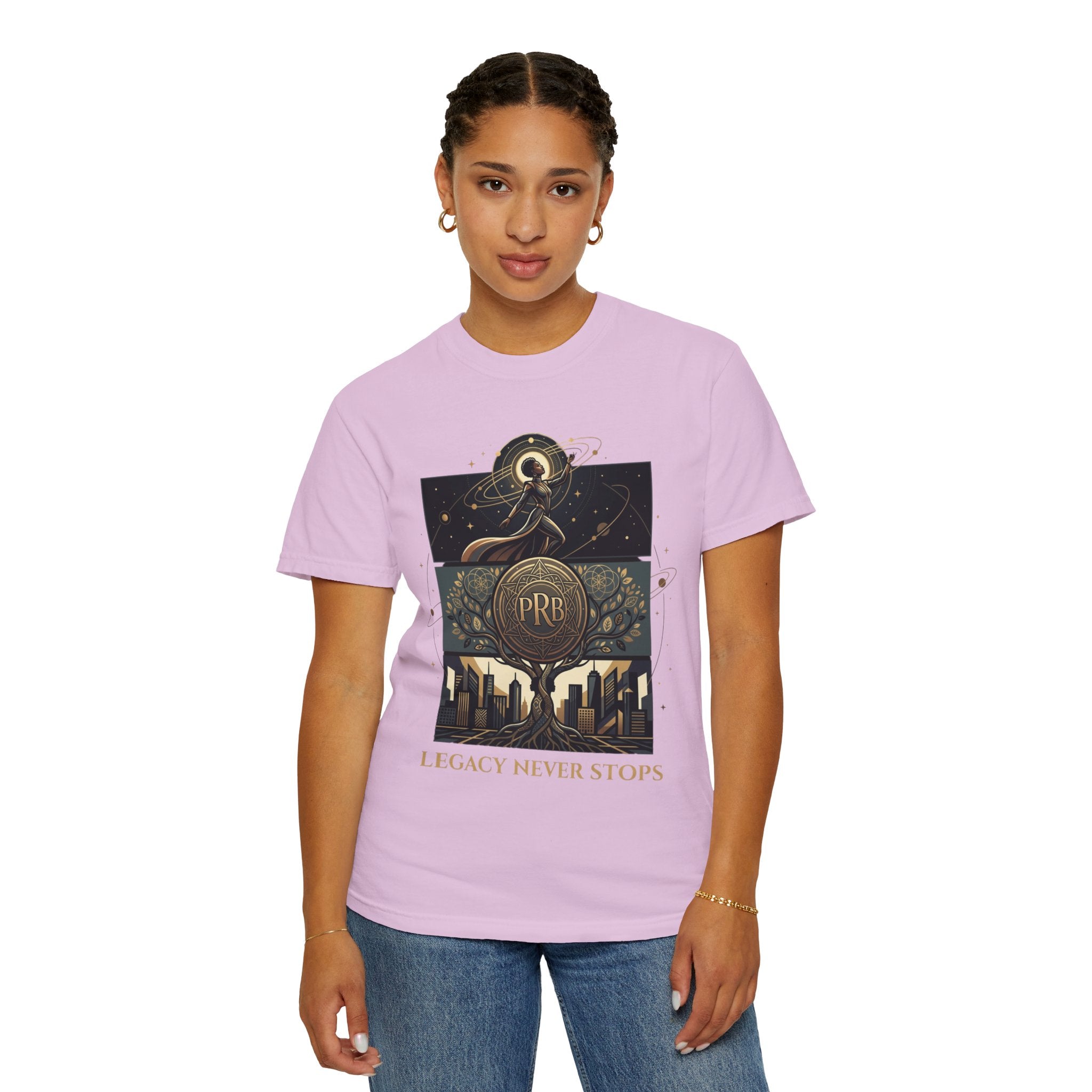 PRB Legacy Never Stops Graphic T-Shirt | Art Deco City Skyline Tee by Printify