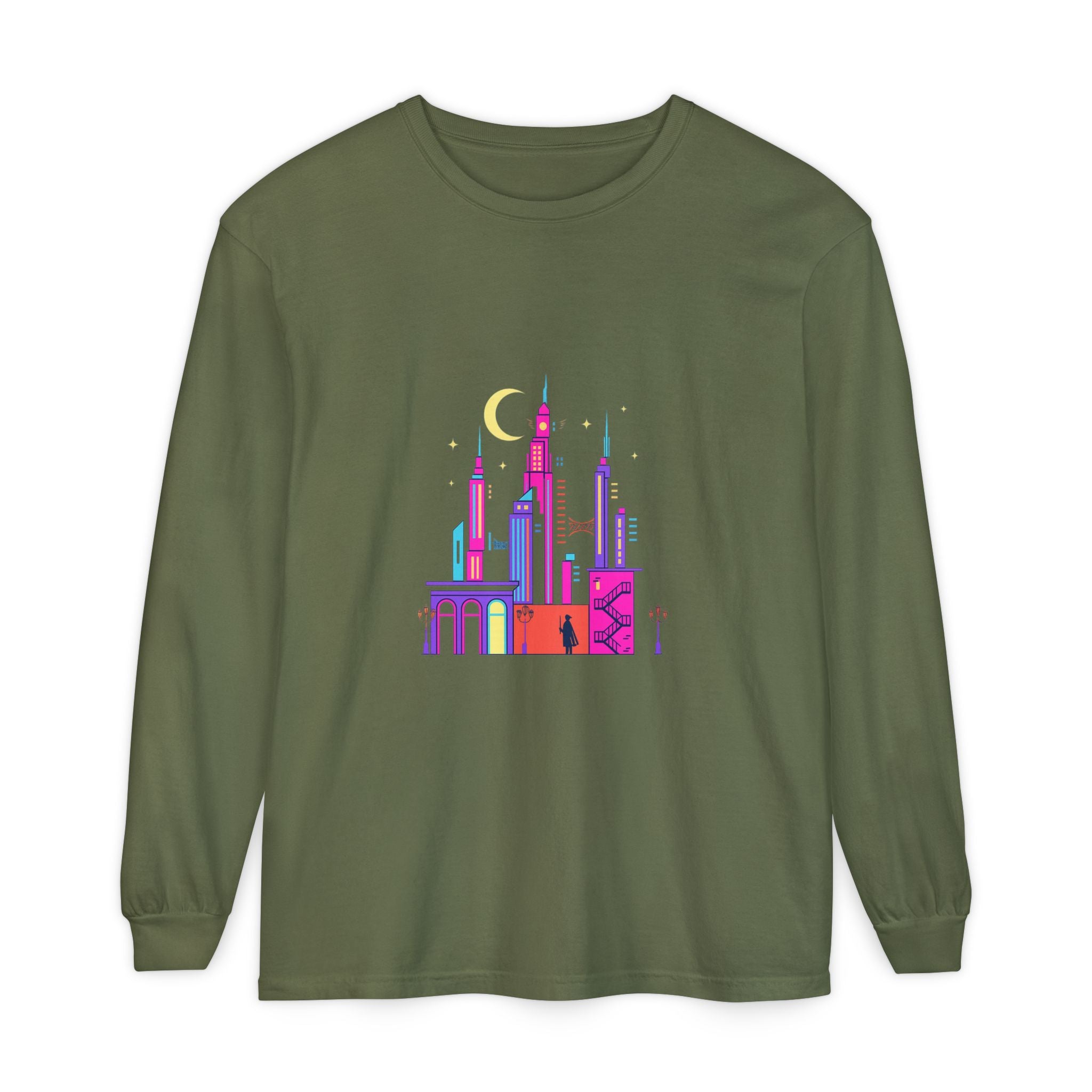 PRB Neon City Skyline Long Sleeve Shirt | Urban Nightscape Illustration by Power Runs Black