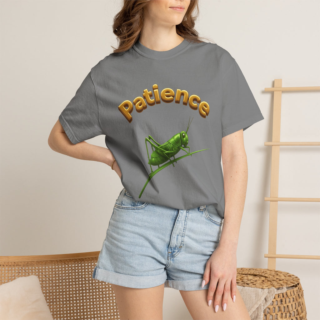PRB Patience Grasshopper T-shirt | Green Grasshopper Illustration, Positive Quote by Power Runs Black
