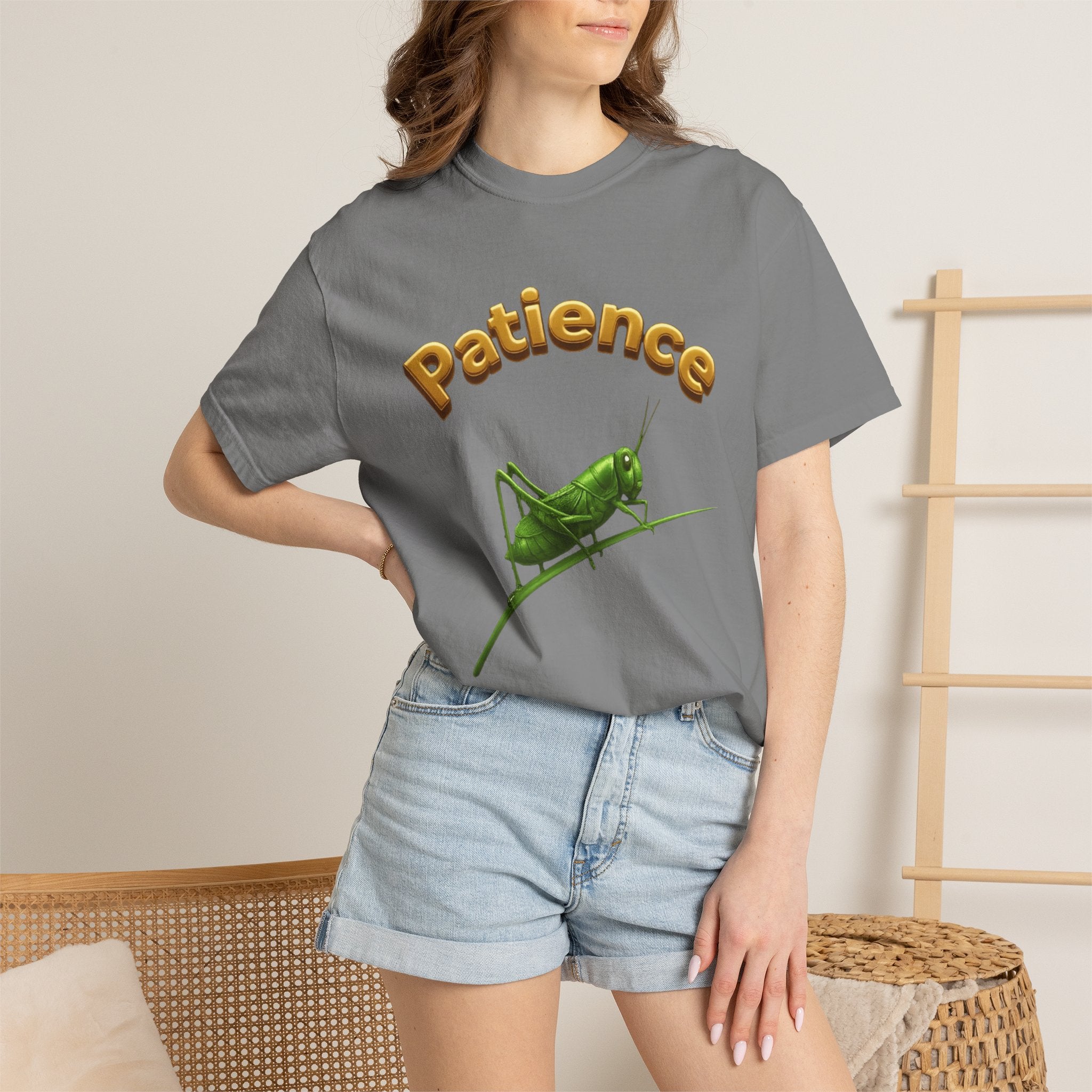PRB Patience Grasshopper T-shirt | Green Grasshopper Illustration, Positive Quote by Printify