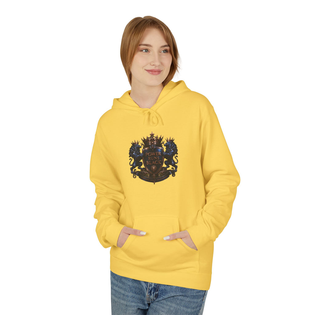 Power Runs Black crest hoodie | medieval shield with lions and wings by Power Runs Black