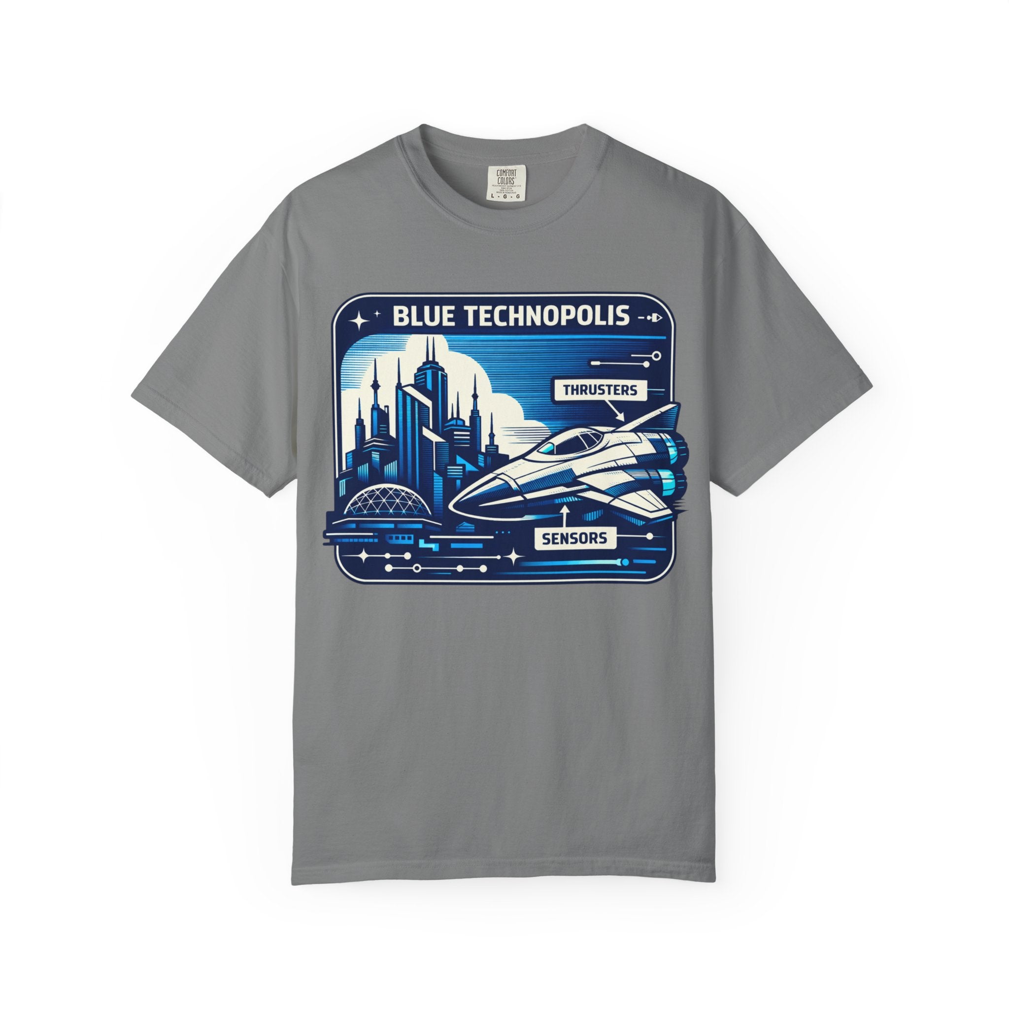 Power Runs Black PRB Technopolis Spacecraft T-Shirt — Blue Technopolis Retro Sci‑Fi Tee by Printify