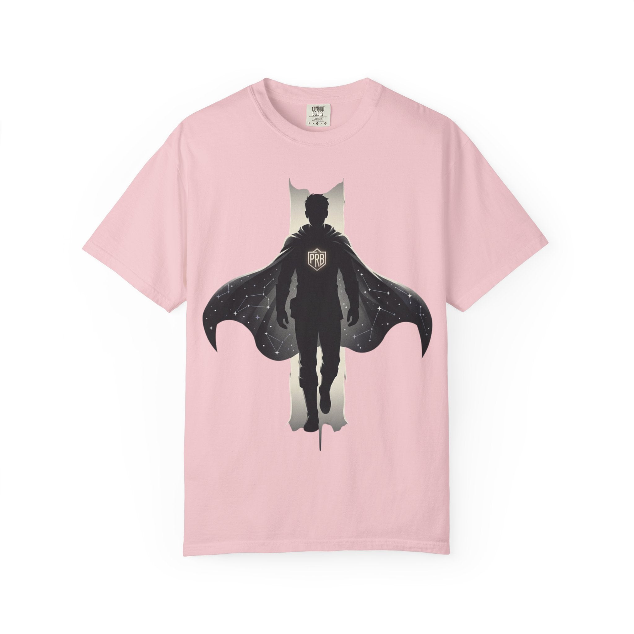 Power Runs Black Silhouette PRB Superhero with Cape T-shirt | Night Sky Emblem, Graphic Tee by Printify