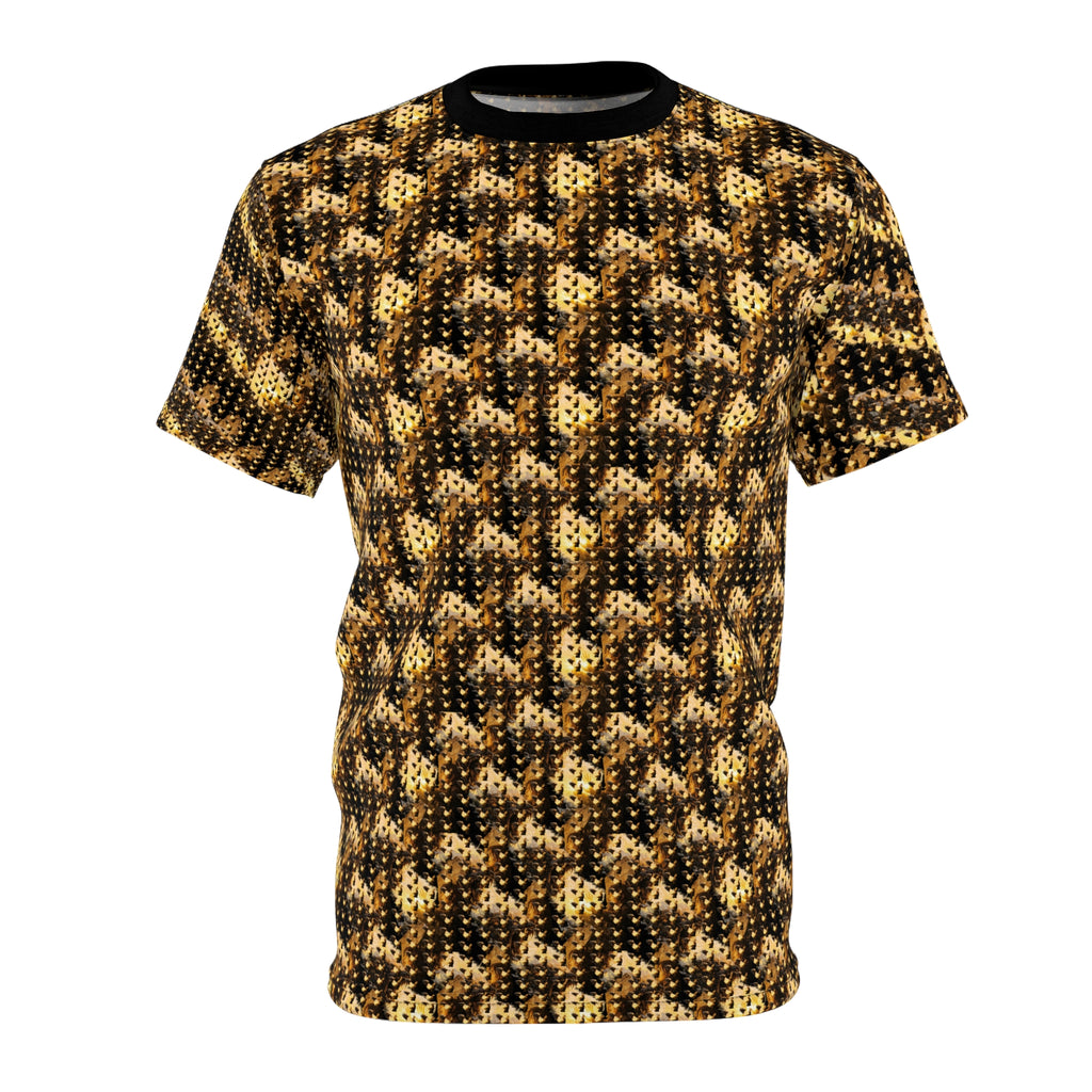 Power Runs Black PRB Golden Houndstooth Knit Pattern Tee | All-Over Print Shirt by Power Runs Black