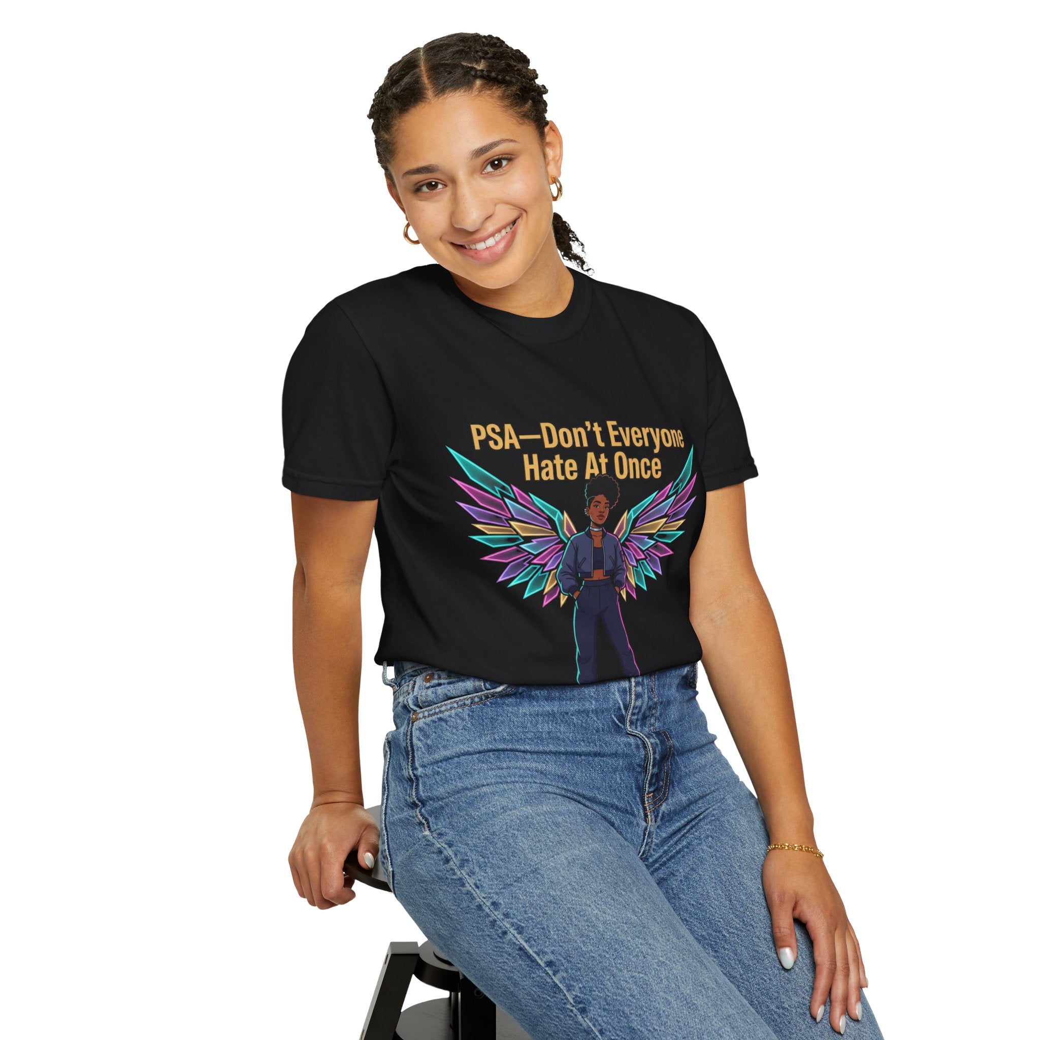 T-Shirt — PSA “Don't Everyone Hate At Once” Angel Wings Graphic Tee by Printify