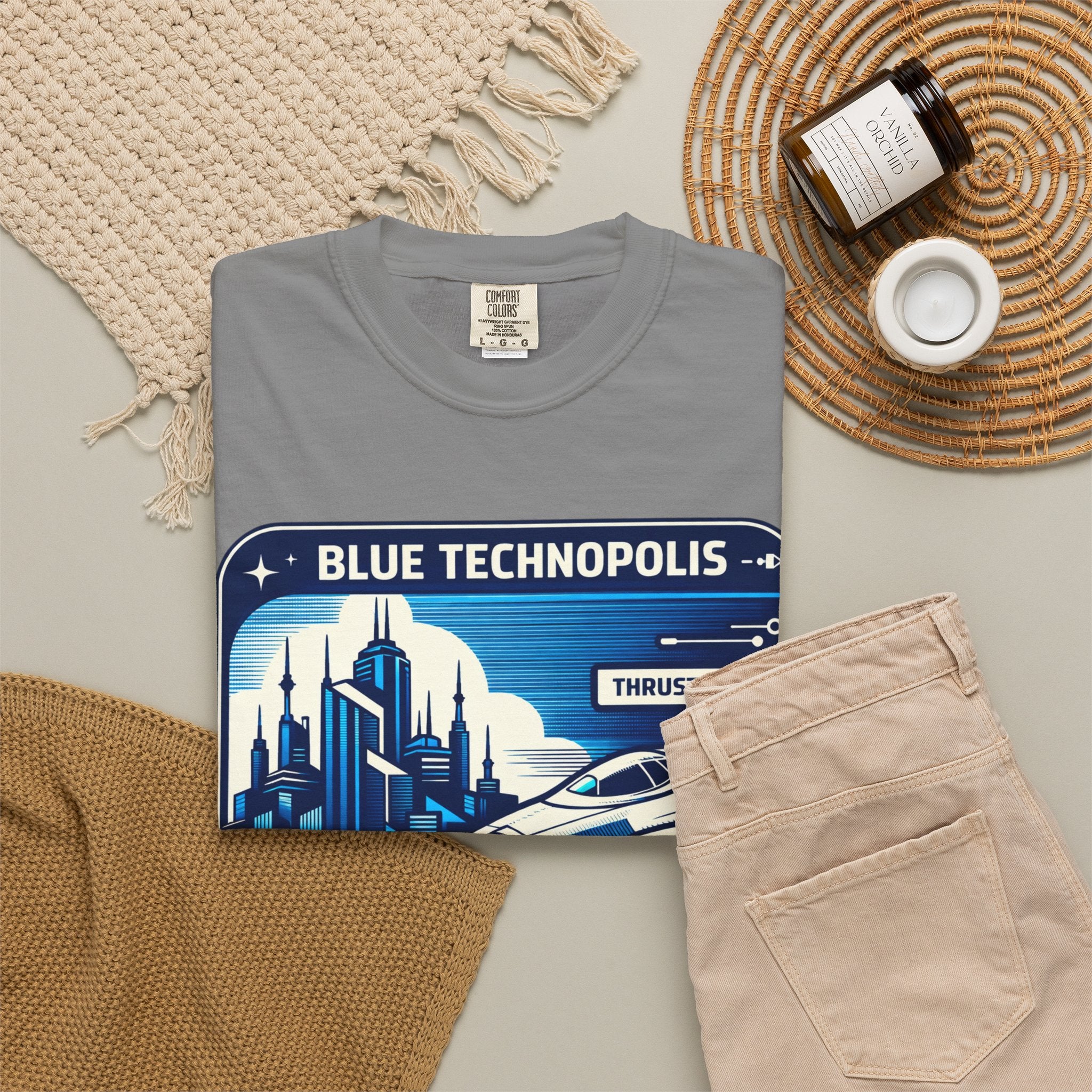 Power Runs Black PRB Technopolis Spacecraft T-Shirt — Blue Technopolis Retro Sci‑Fi Tee by Printify