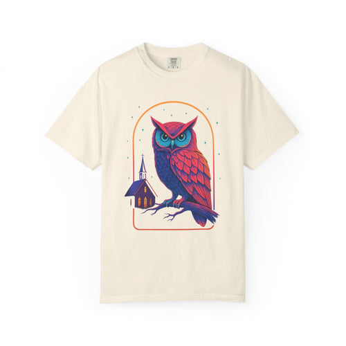 Neon Owl Illustration T-Shirt | Night Church Graphic Tee by Printify