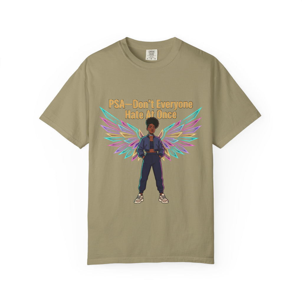T-Shirt — PSA “Don't Everyone Hate At Once” Angel Wings Graphic Tee by Printify