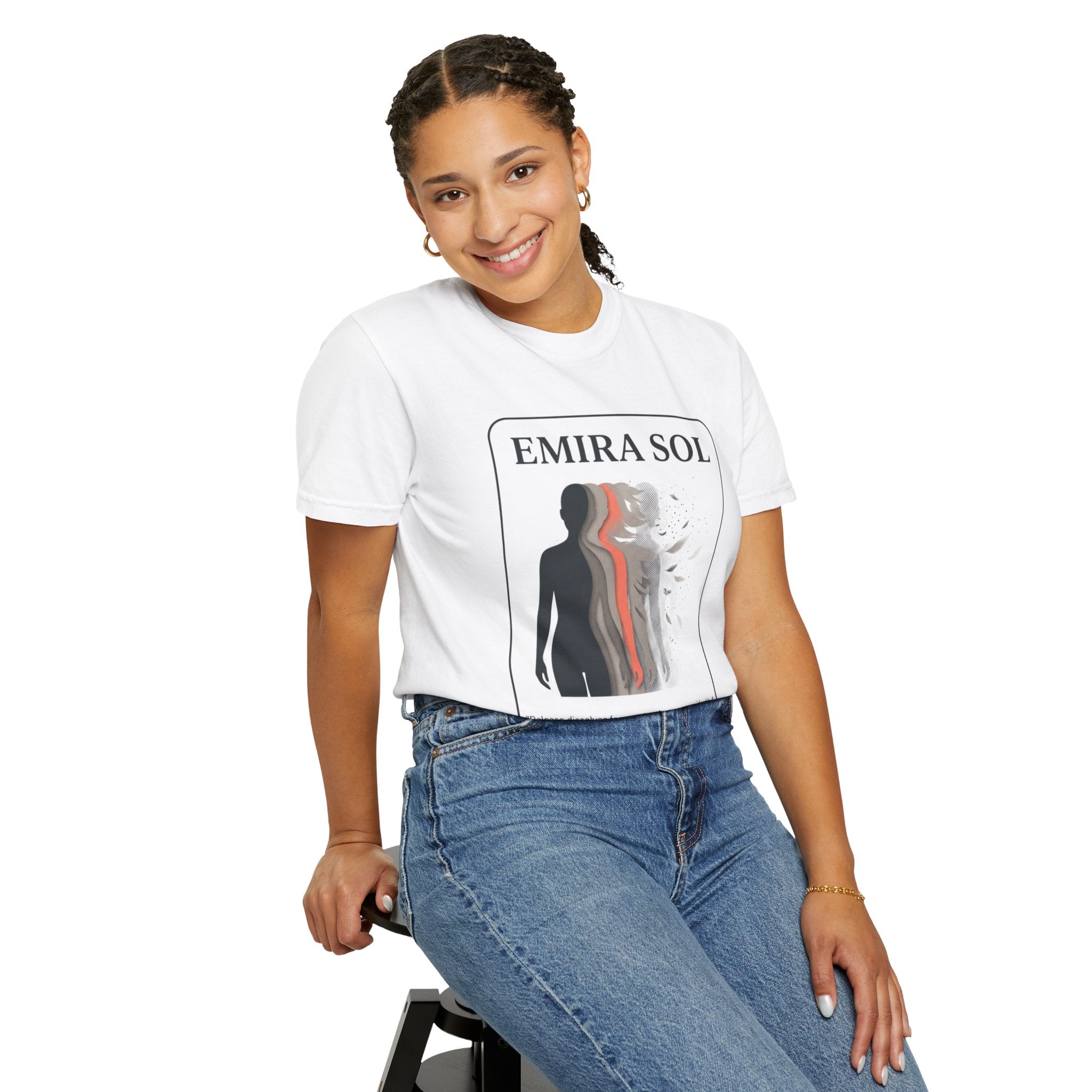 Power Runs Black PRB Emira Sol Graphic T-Shirt — Silhouette Art "Release Shadows" Tee by Printify