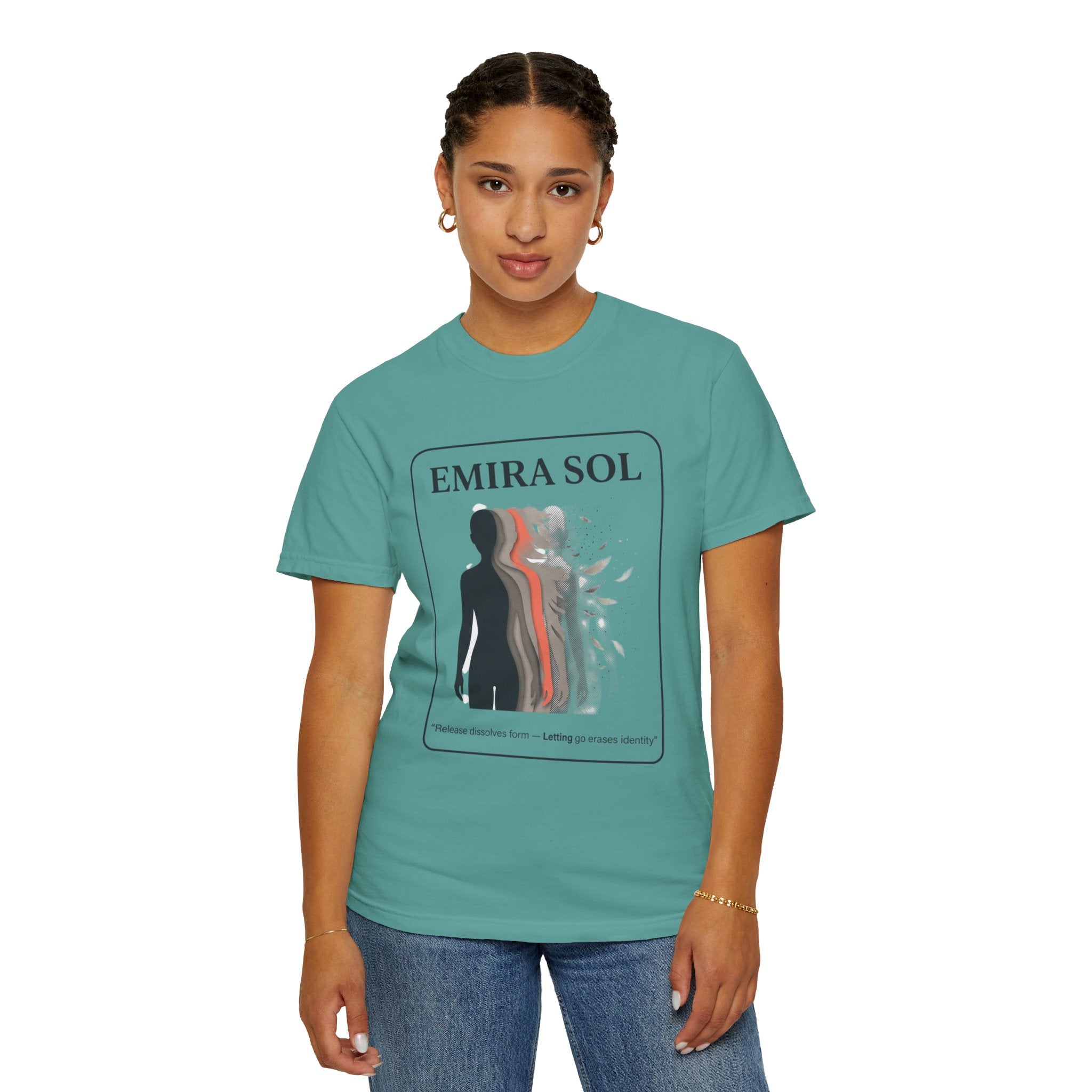 Power Runs Black PRB Emira Sol Graphic T-Shirt — Silhouette Art "Release Shadows" Tee by Printify