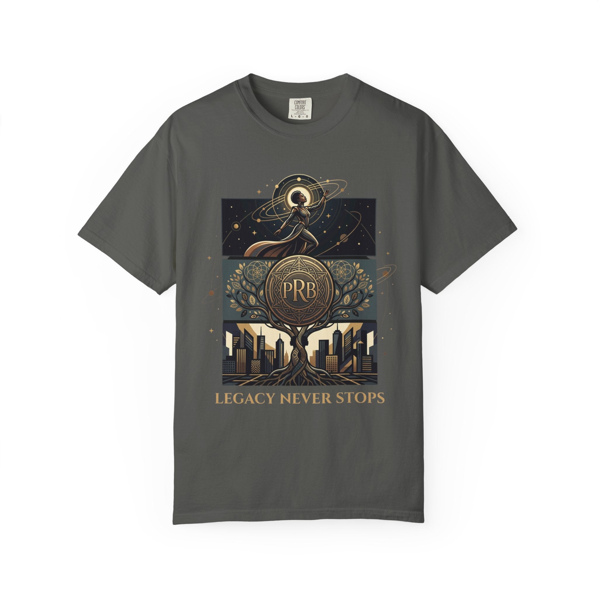 PRB Legacy Never Stops Graphic T-Shirt | Art Deco City Skyline Tee by Printify