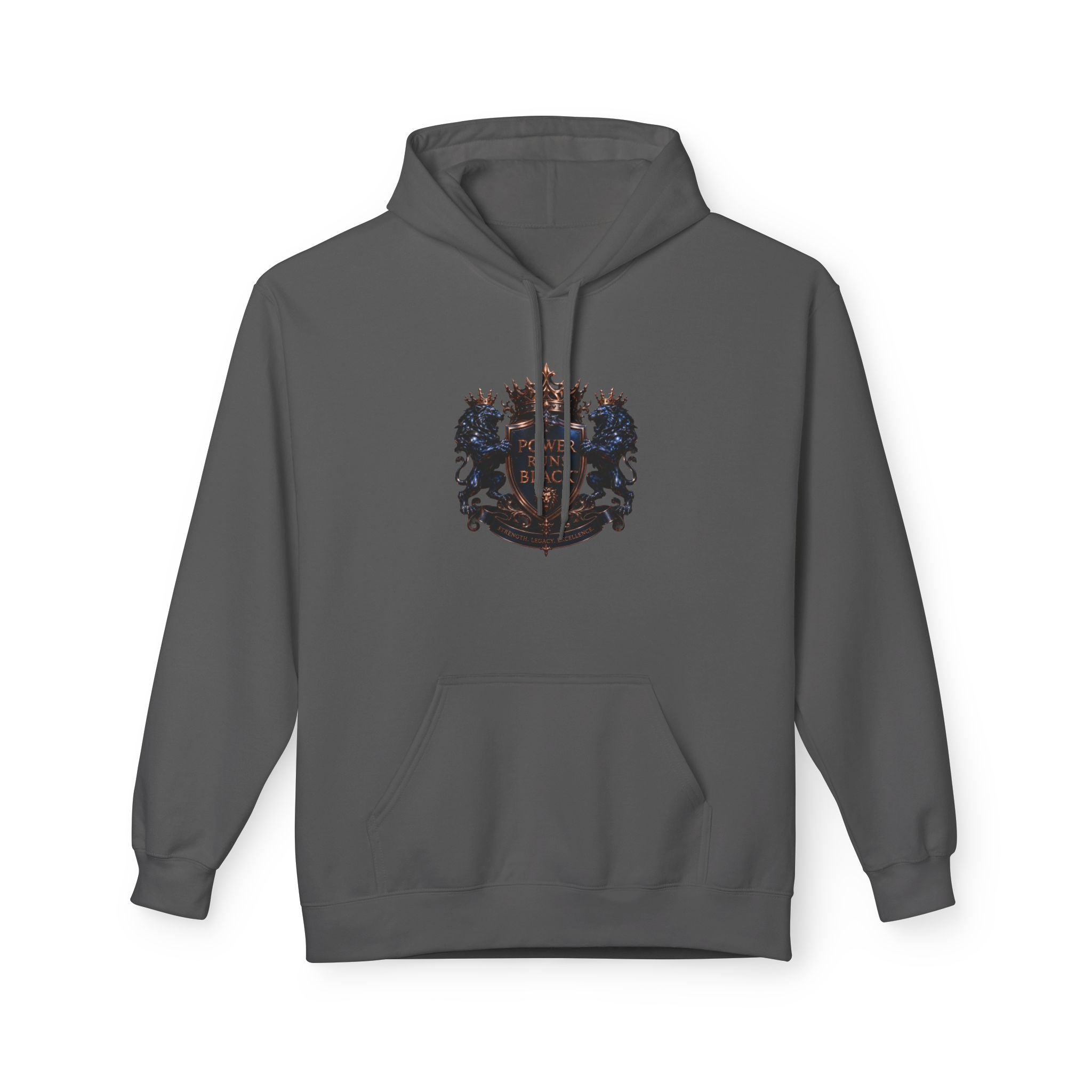 Power Runs Black crest hoodie | medieval shield with lions and wings by Power Runs Black