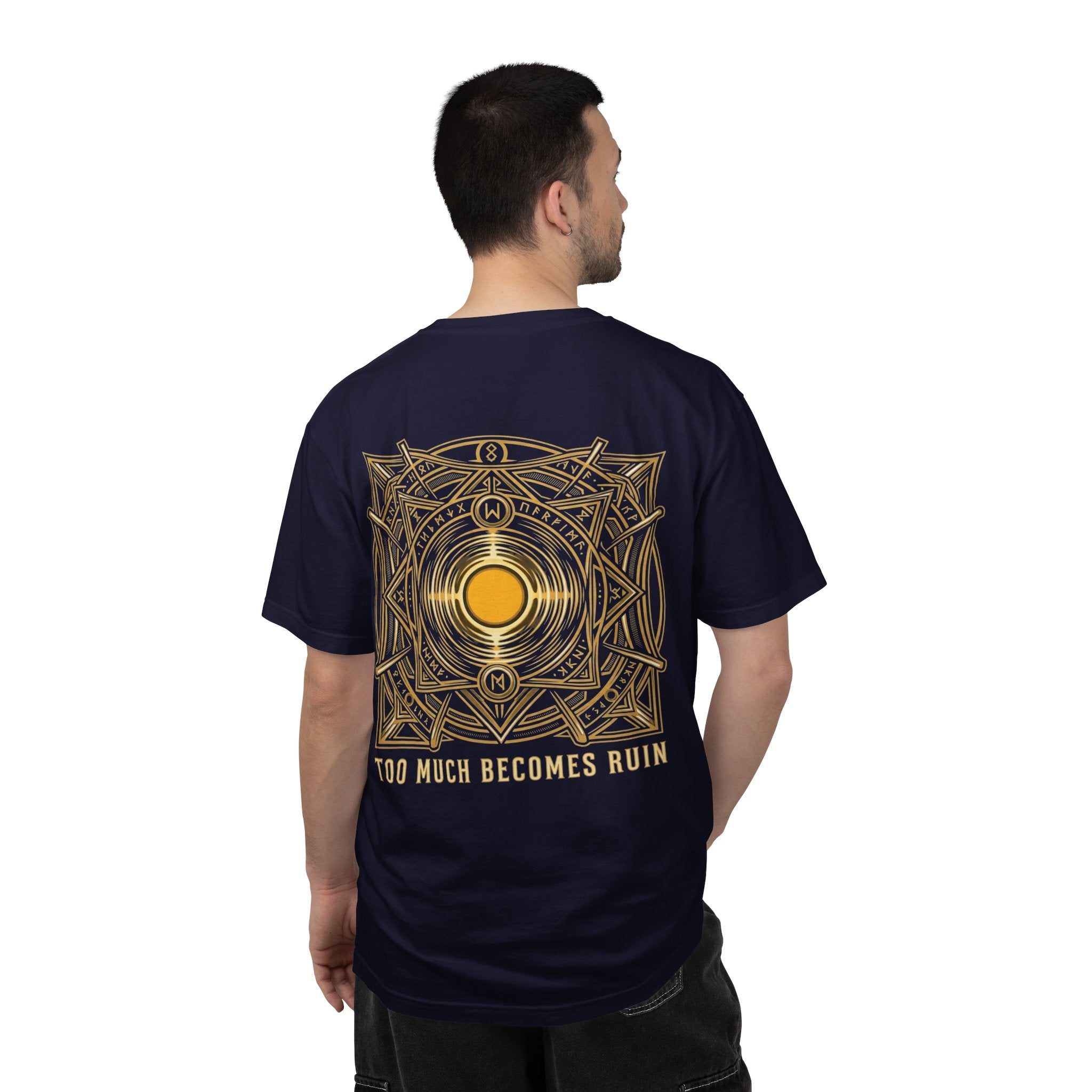 Power Runs Black PRB — Veyra Kain Geometric Sigil Tee with “Too Much Becomes Ruin” Graphic T-Shirt by Printify