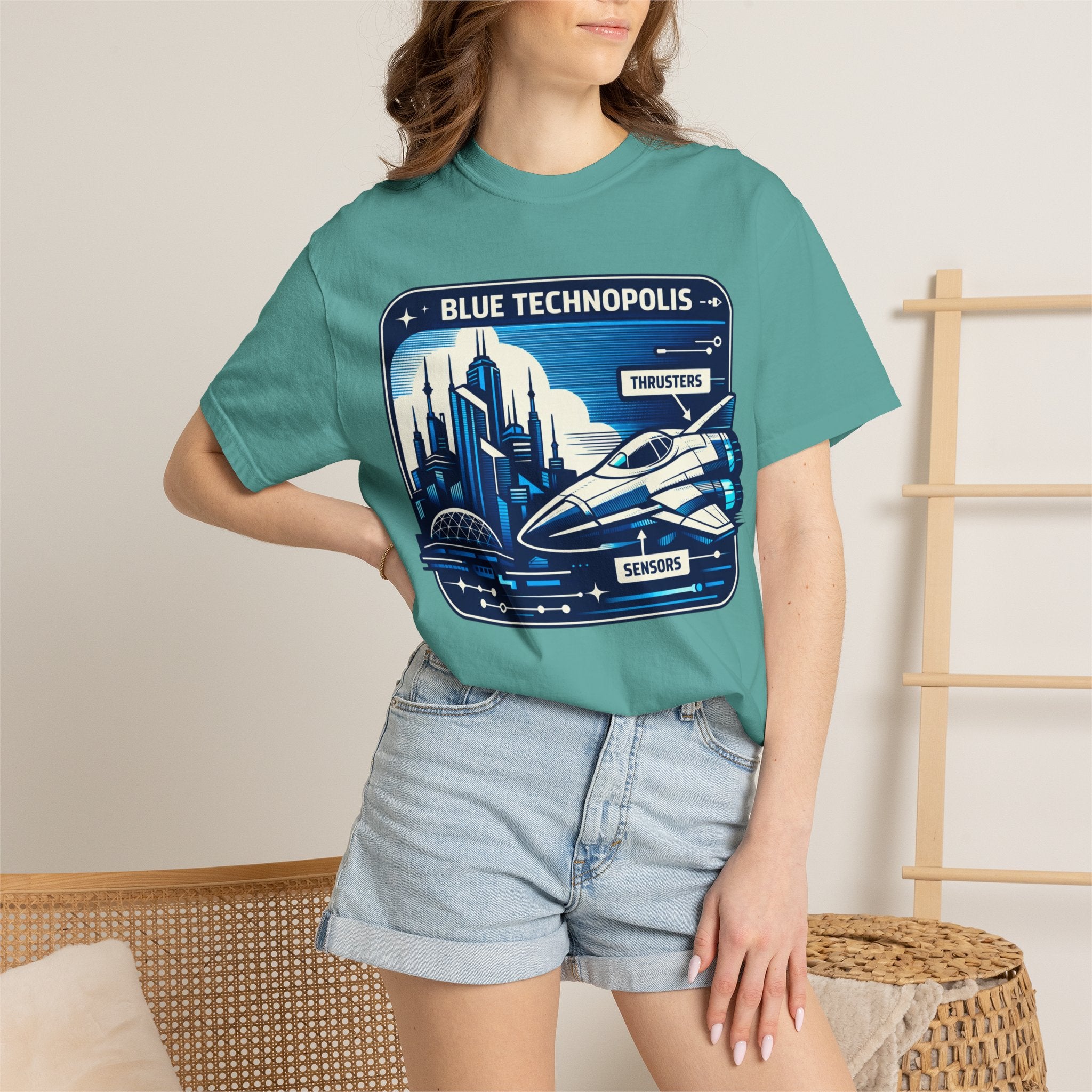 Power Runs Black PRB Technopolis Spacecraft T-Shirt — Blue Technopolis Retro Sci‑Fi Tee by Power Runs Black