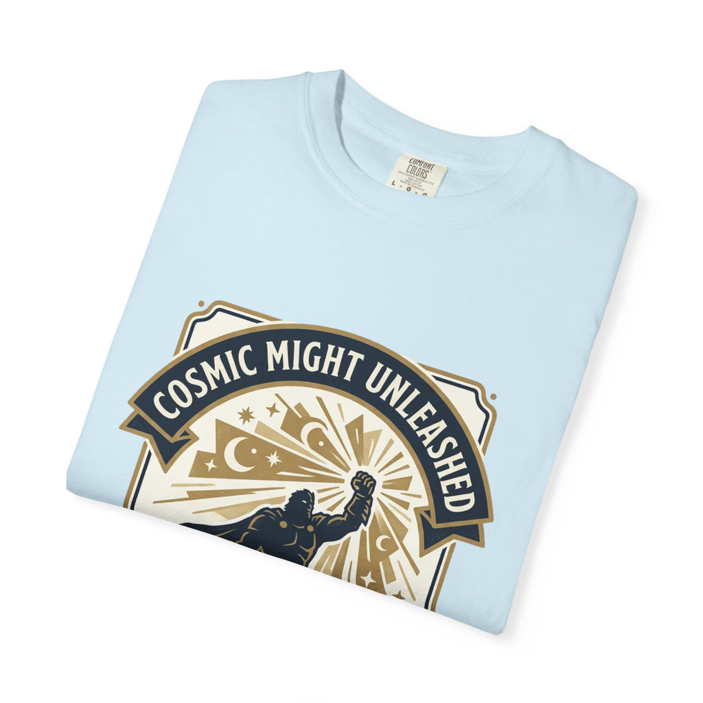 PRB Starforged Flex Cosmic Might Unleashed T-Shirt — Retro Superhero Space Graphic ('Power Does Not Rise, It Returns') by Power Runs Black