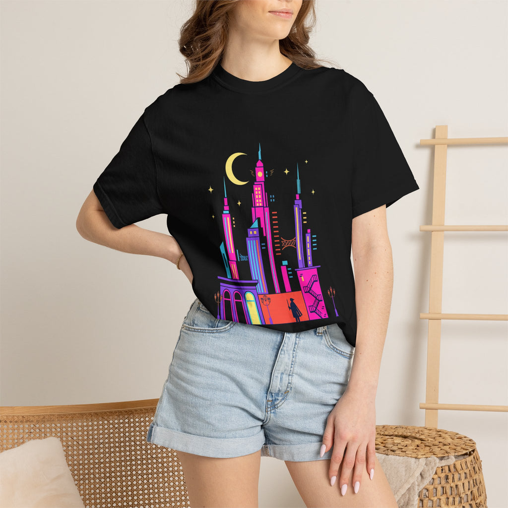 Power Runs Black PRB Neon City Skyline T-shirt | Vibrant Urban Nightscape Tee by Printify