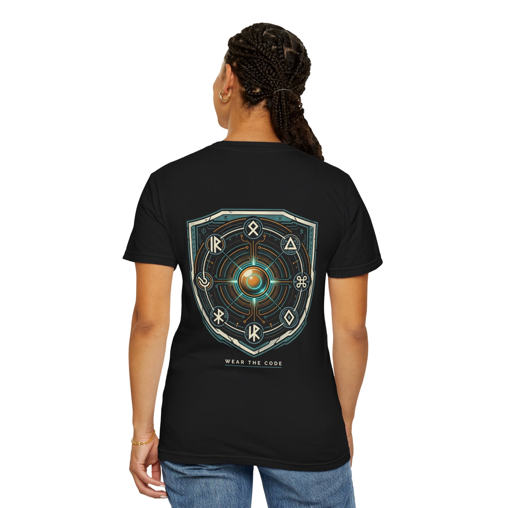 Power Runs Black PRB "Wear The Code" Mystic Shield T-Shirt — Geometric Sigil Graphic Tee by Printify