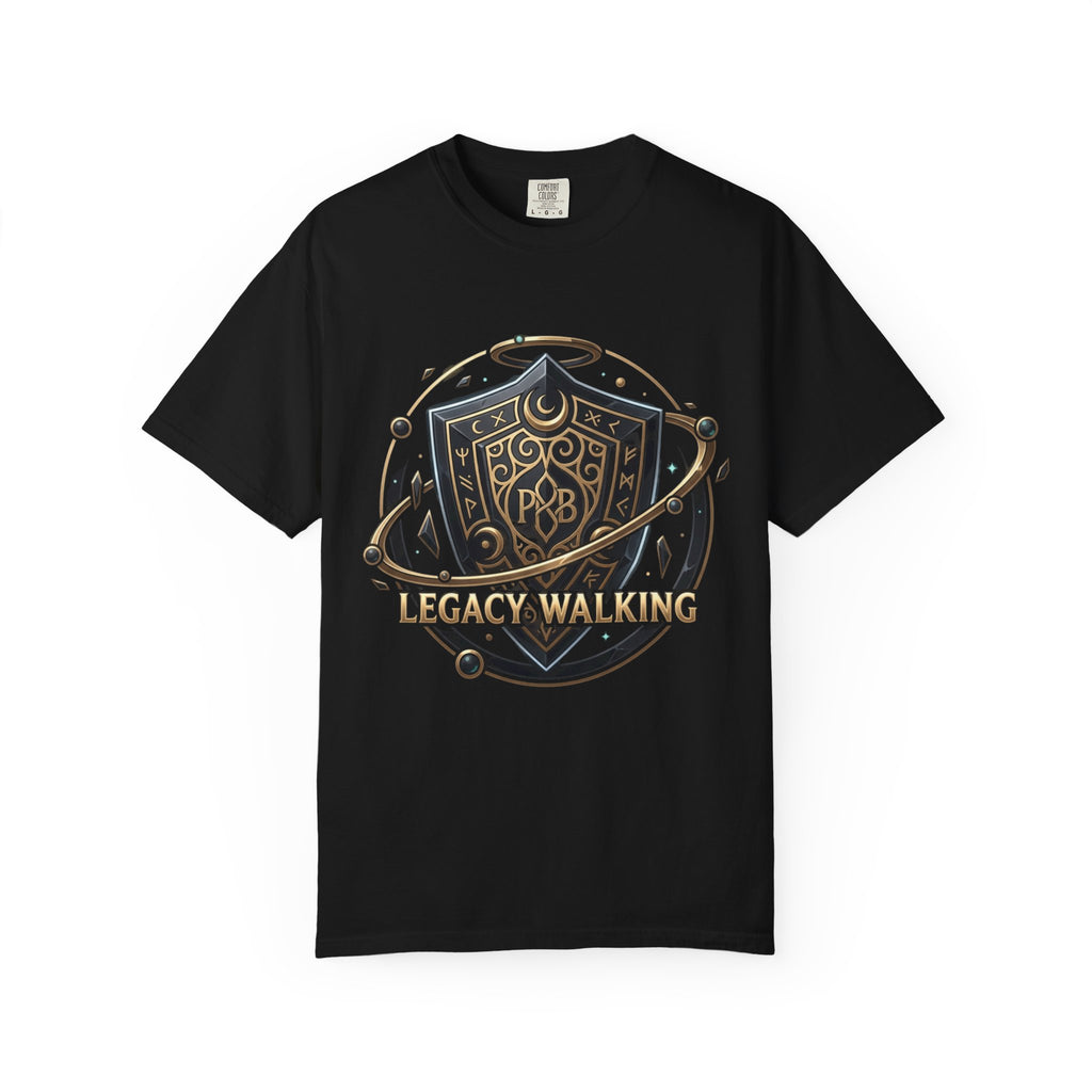 Legacy Walking Shield Graphic T-Shirt | Fantasy Crest Emblem Tee by Printify