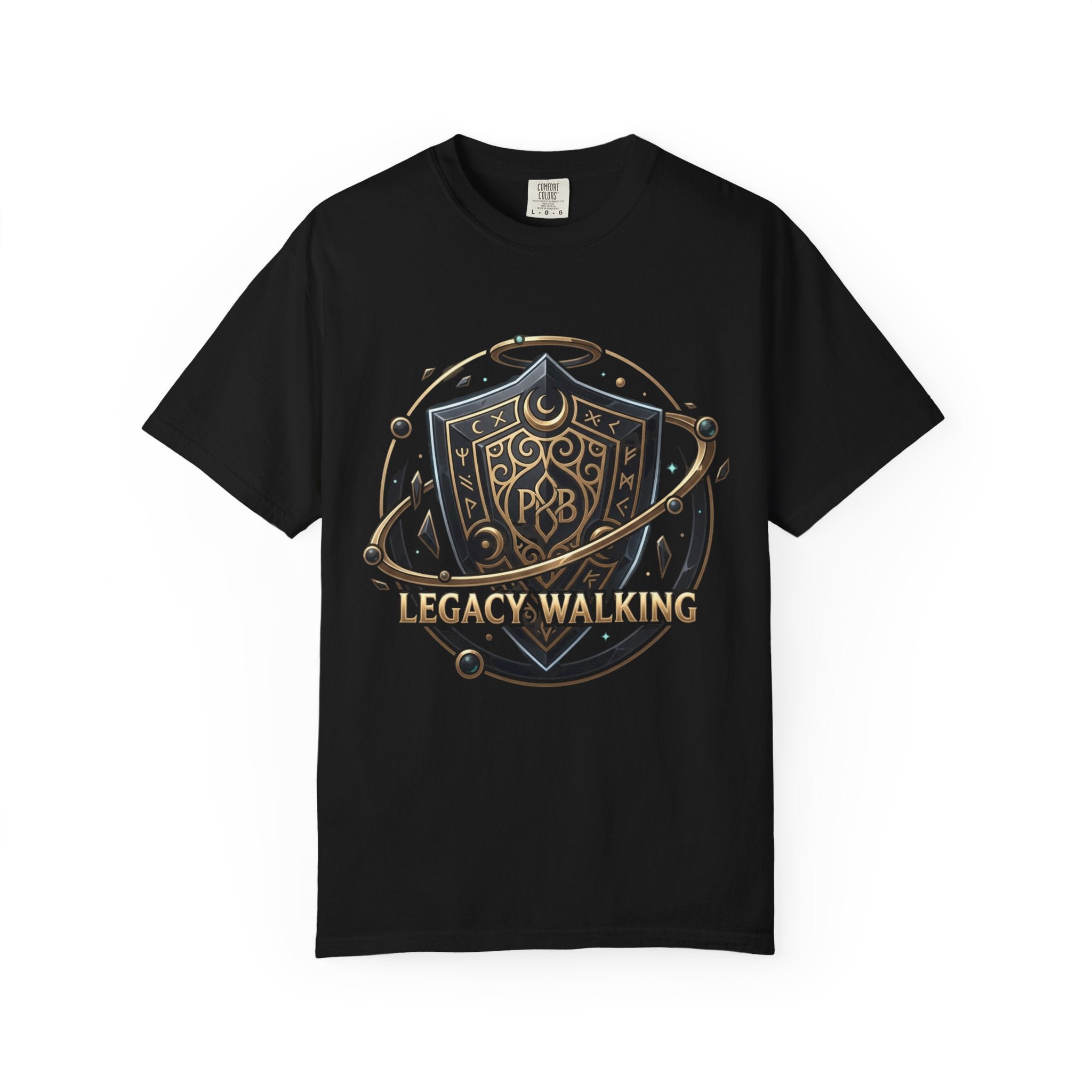 Legacy Walking Shield Graphic T-Shirt | Fantasy Crest Emblem Tee by Printify